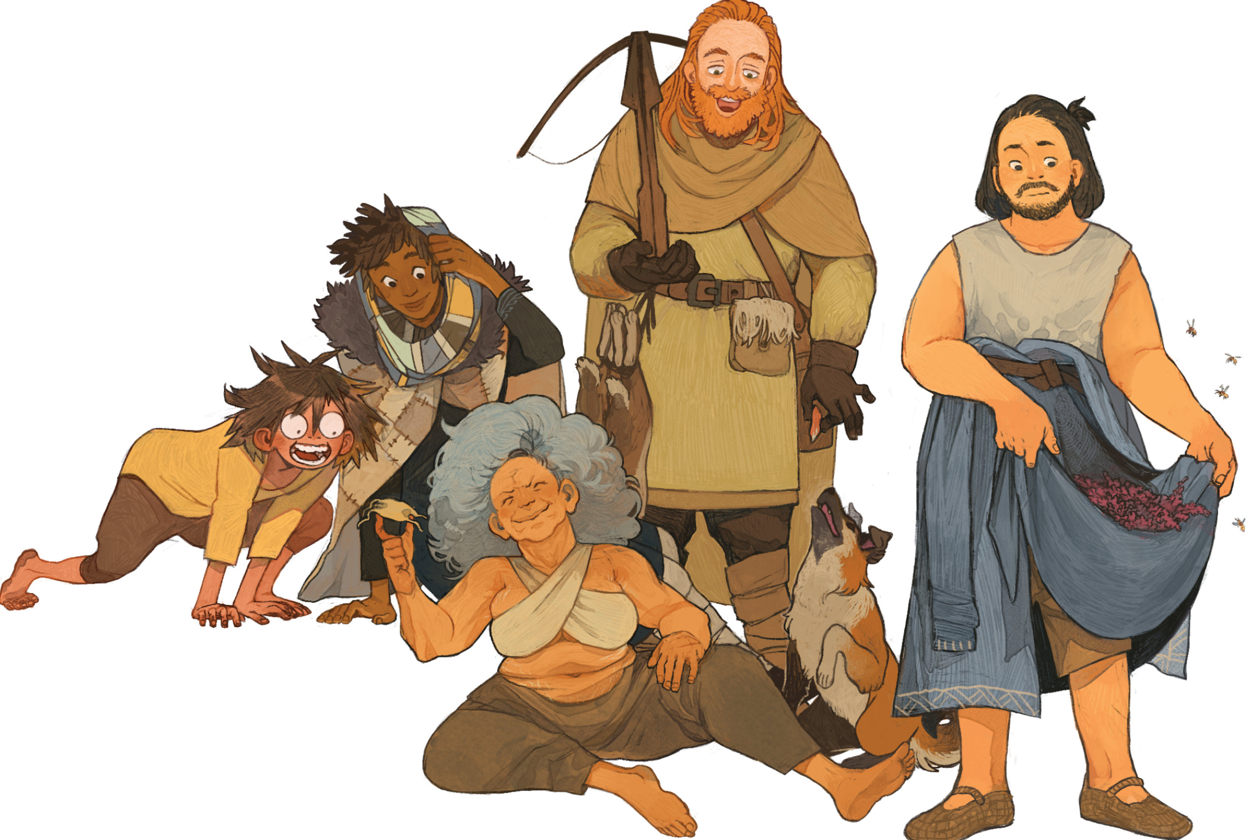 An illustration showing five figures - two young people, an older woman and two men. The people are wearing different styles of clothing. With them is a brown dog.