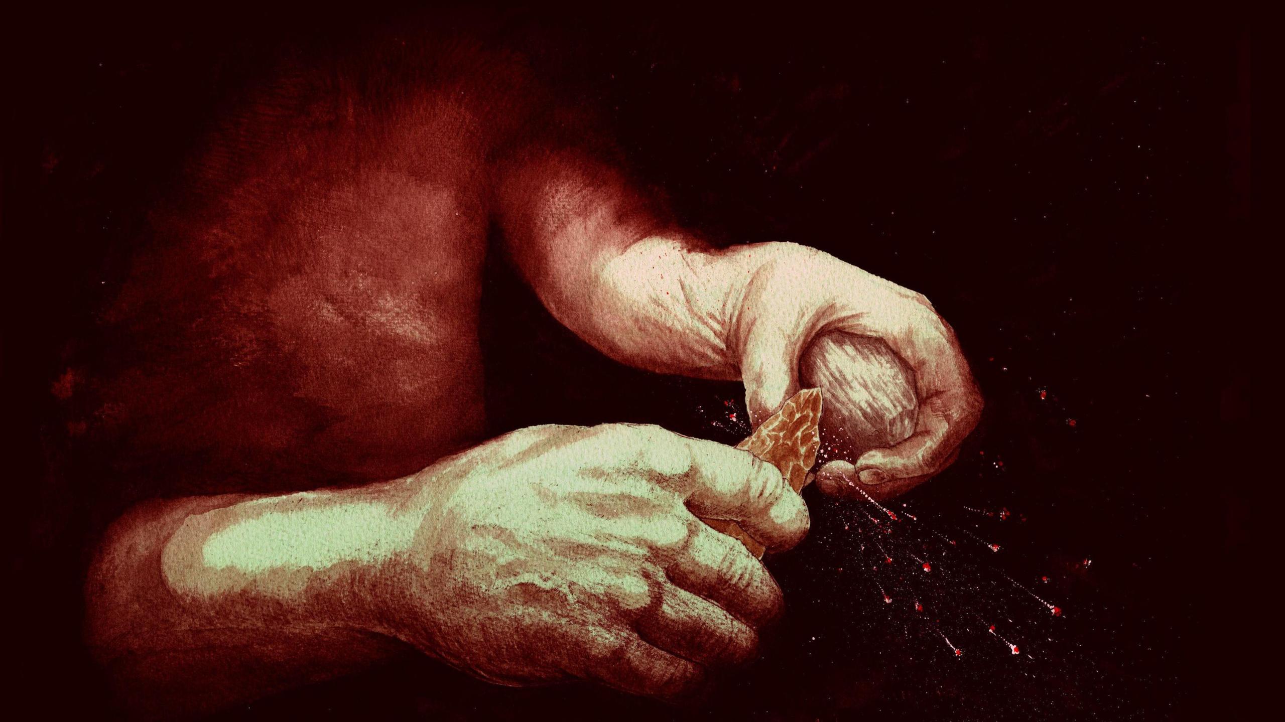 An artist impression of someone creating fire through striking flint and pyrite together. Sparks are flying off the instruments and the background is black.