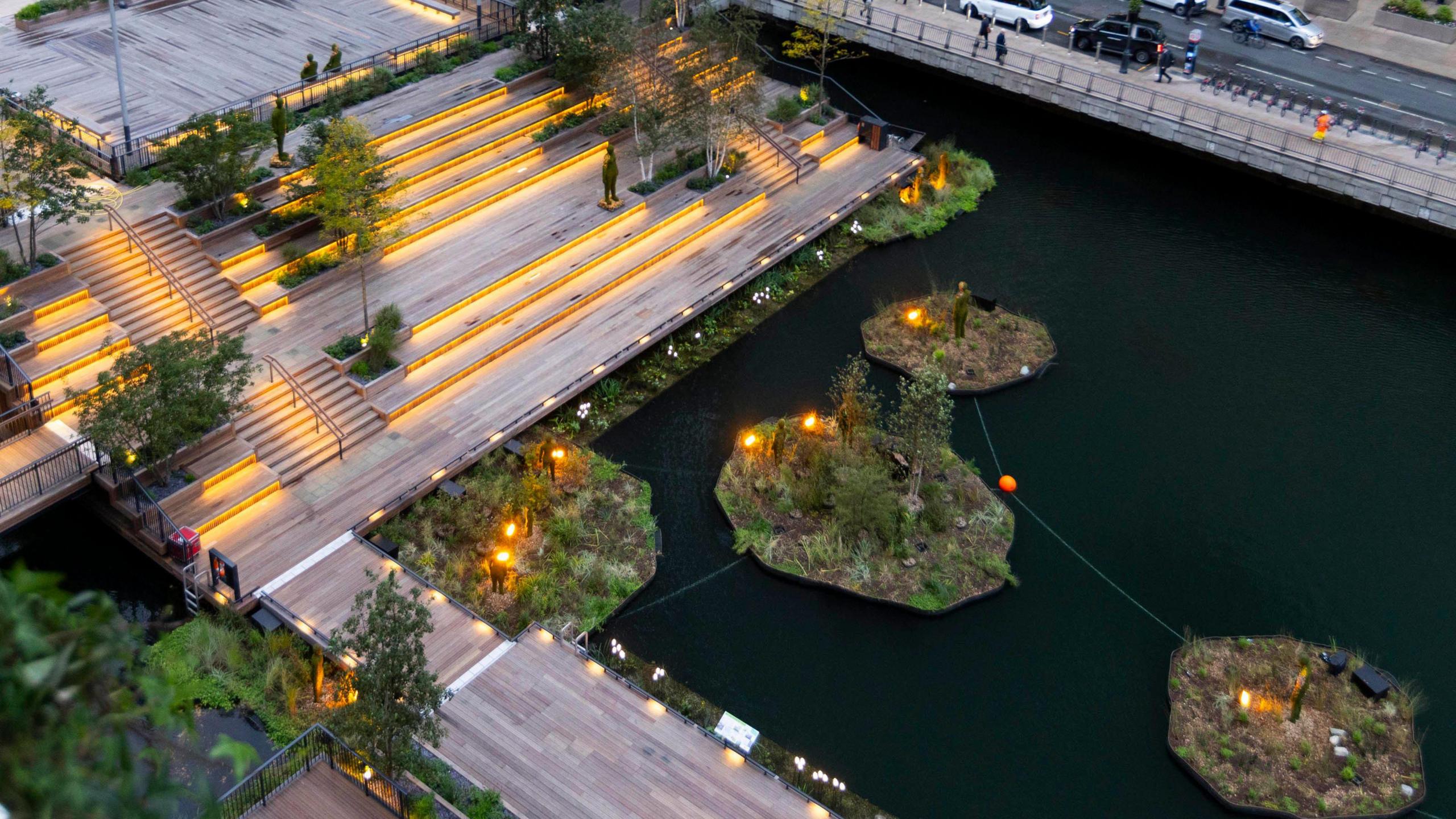 Drone shot of the islands and steps at Eden Wharf