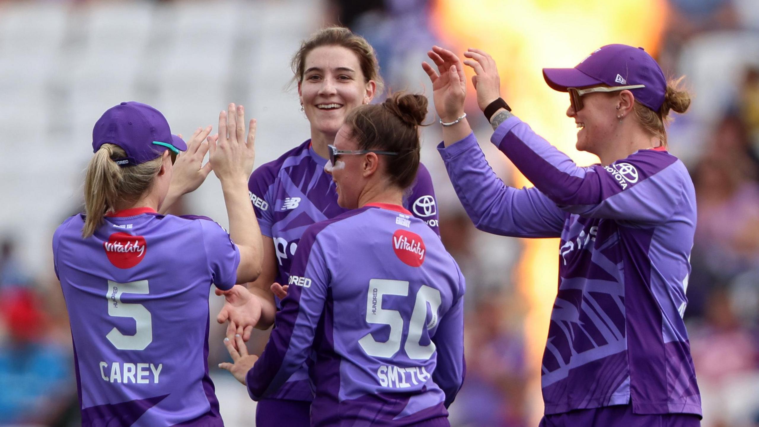 Northern Superchargers celebrate a wicket for Annabel Sutherland in The Hundred