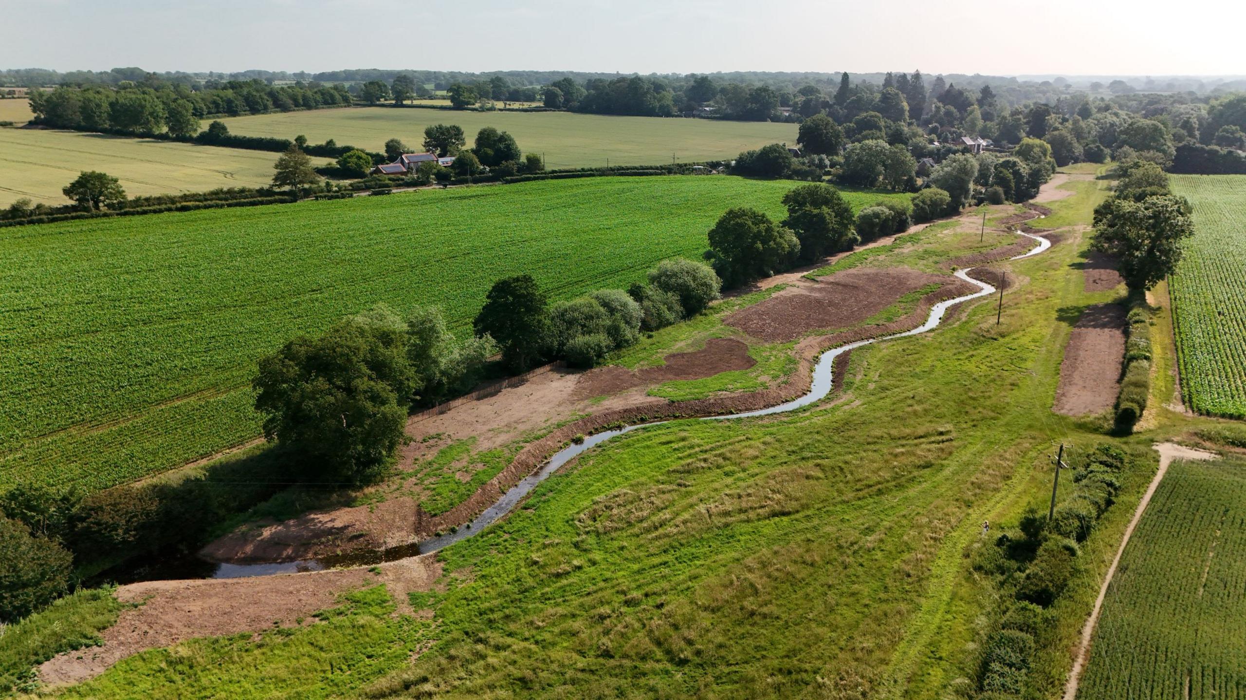 A drone image of a newly constructed river channel that meanders through a field. Some brown patches where work has been done are in the field near the channel.