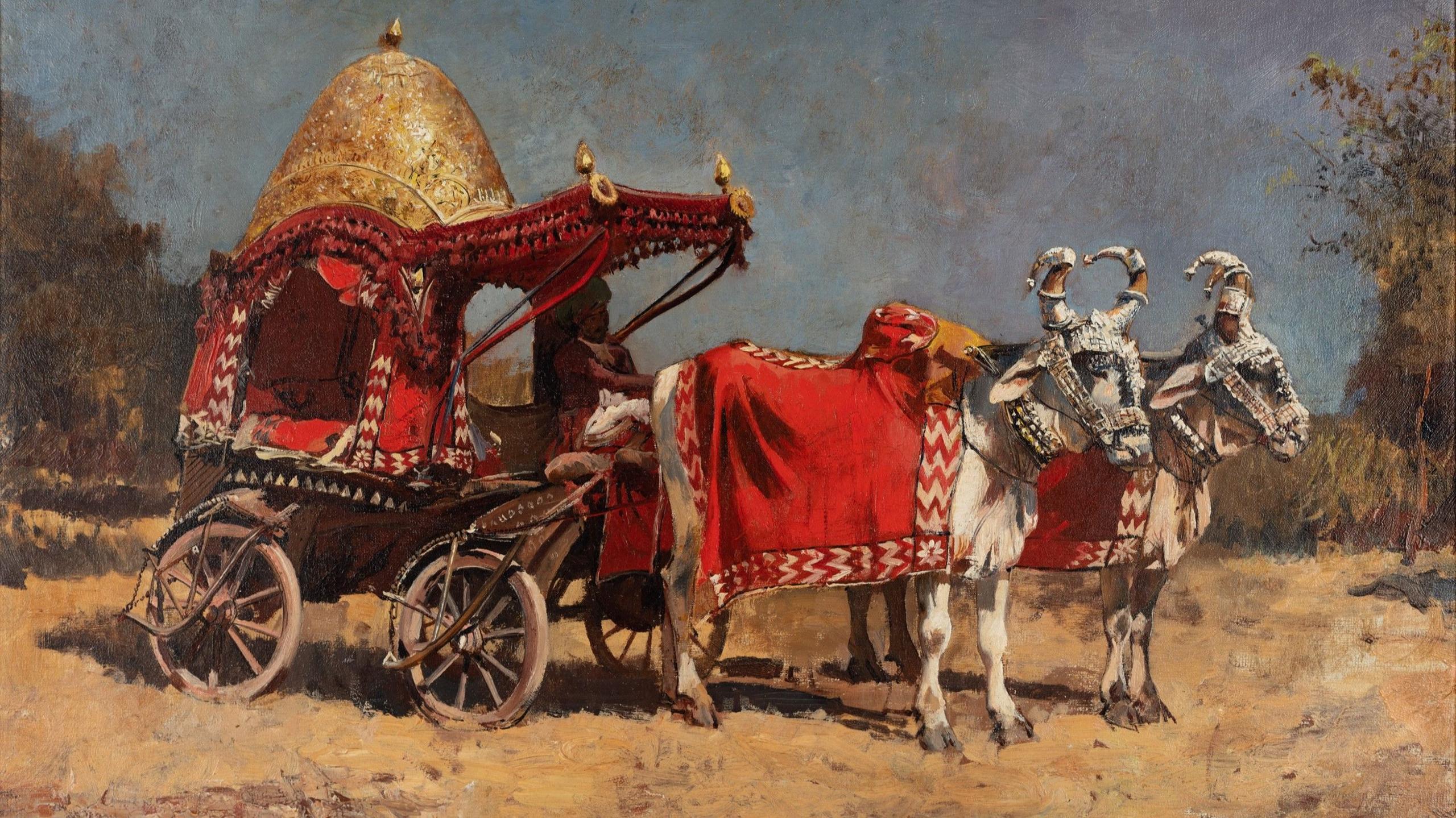 An artwork shows a carriage being pulled along by two animals