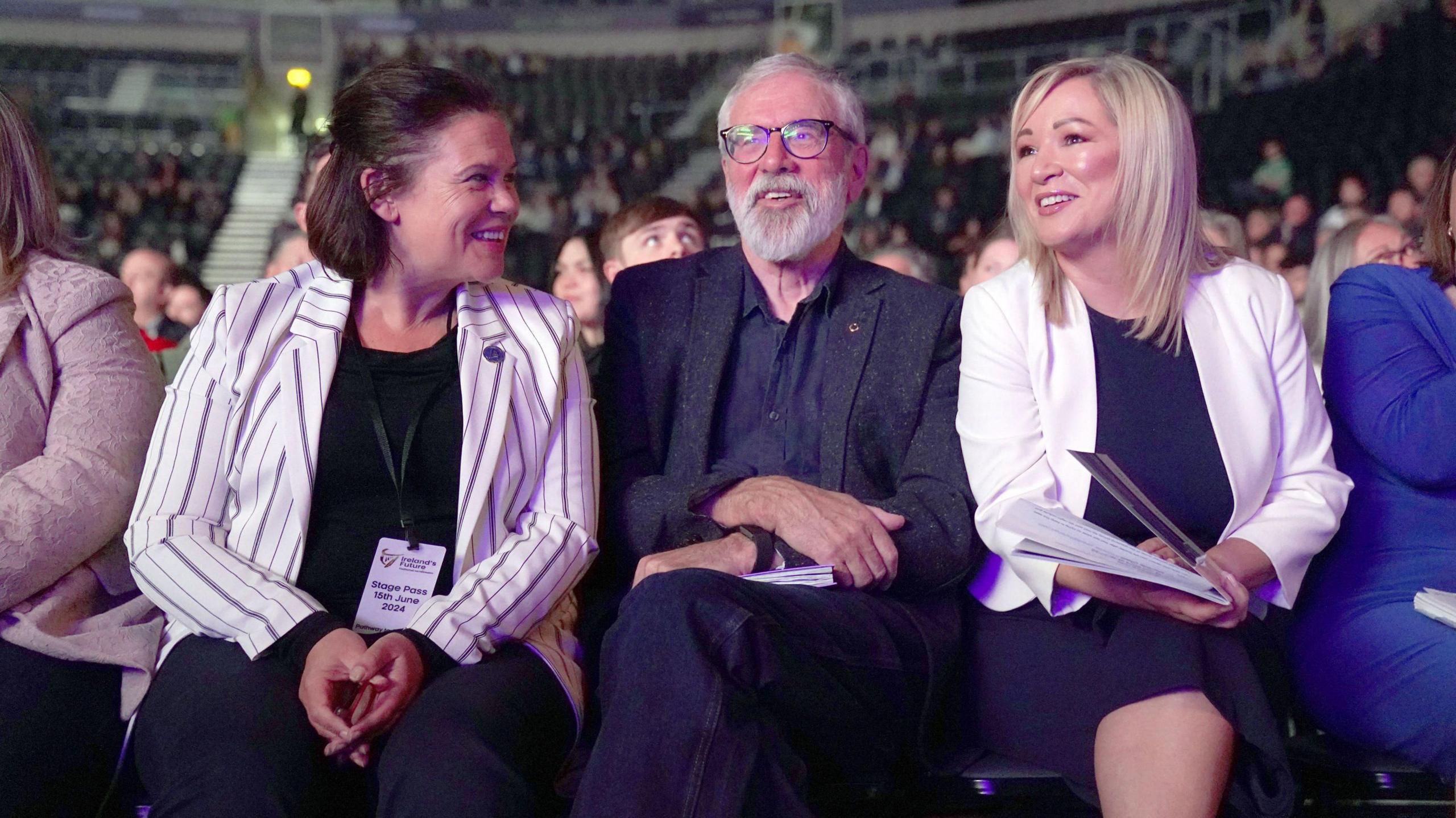 Sinn Féin leader Mary Lou McDonald with former leader Gerry Adams and the party's deputy leader Michelle O'Neill, during an Ireland's Future event in Belfast