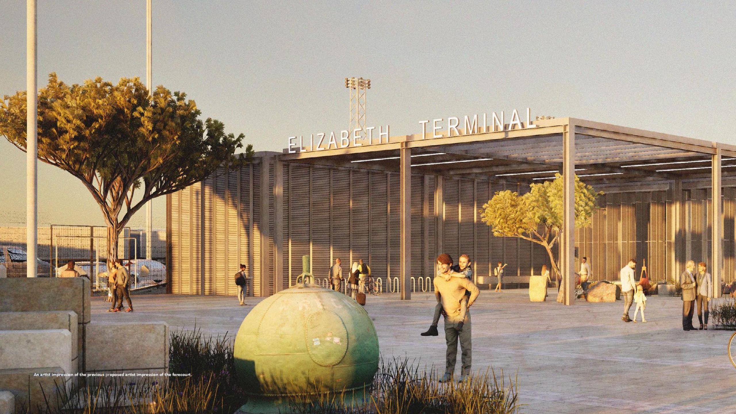 An artist's impression showing people outside the proposed new Elizabeth Terminal building. The building includes tall metallic pillars and a flat roof. There is a sign, in large white capital letters, saying: Elizabeth Terminal.