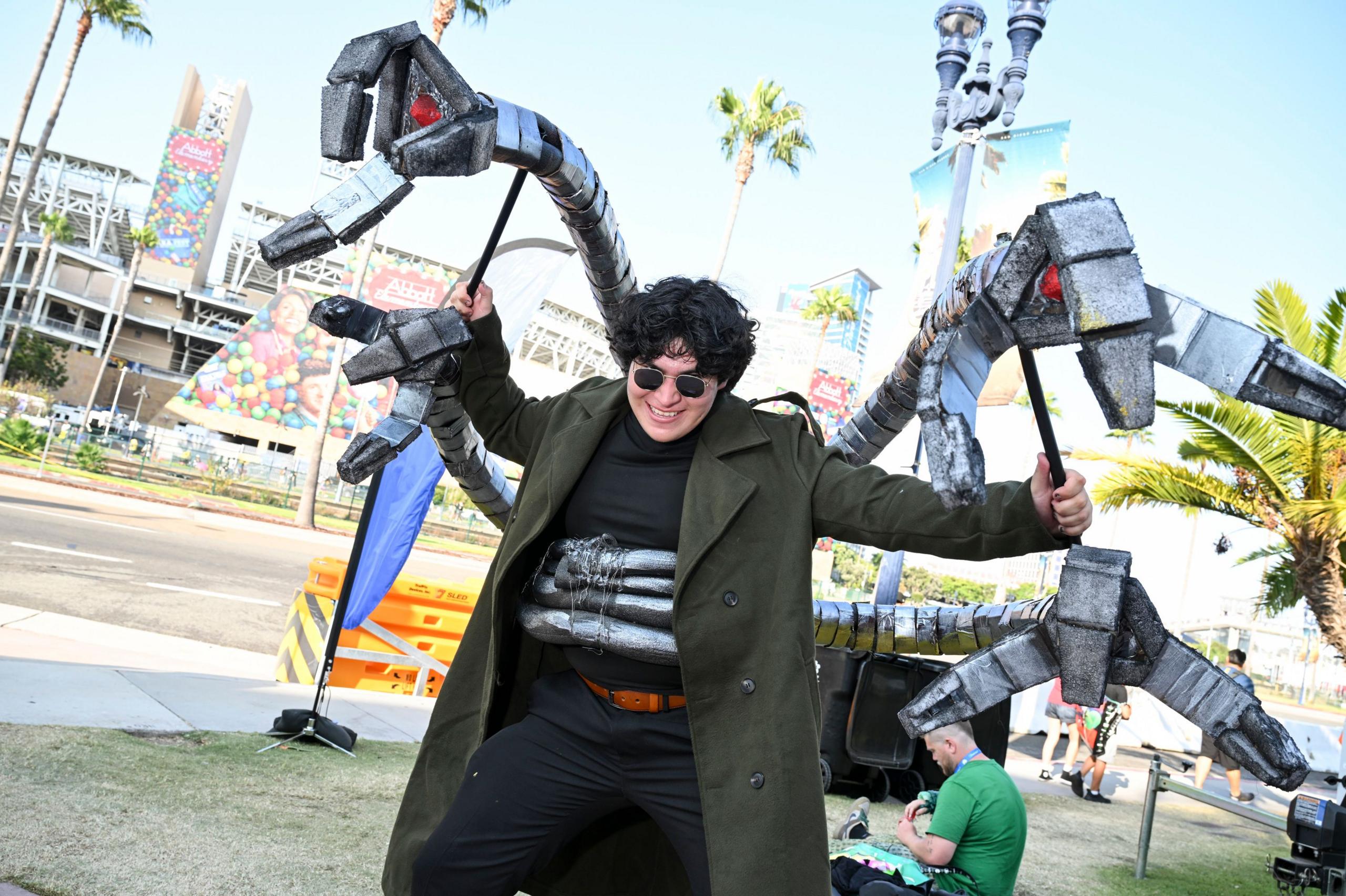 A cosplayer dressed as Dr Octopus from Spiderman 