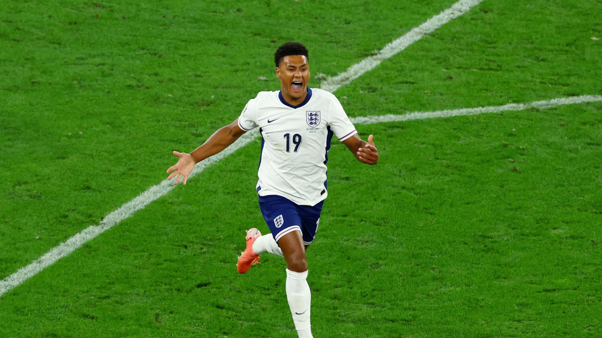 England's Ollie Watkins celebrates scoring their second goal in the semi-final against the Netherlands