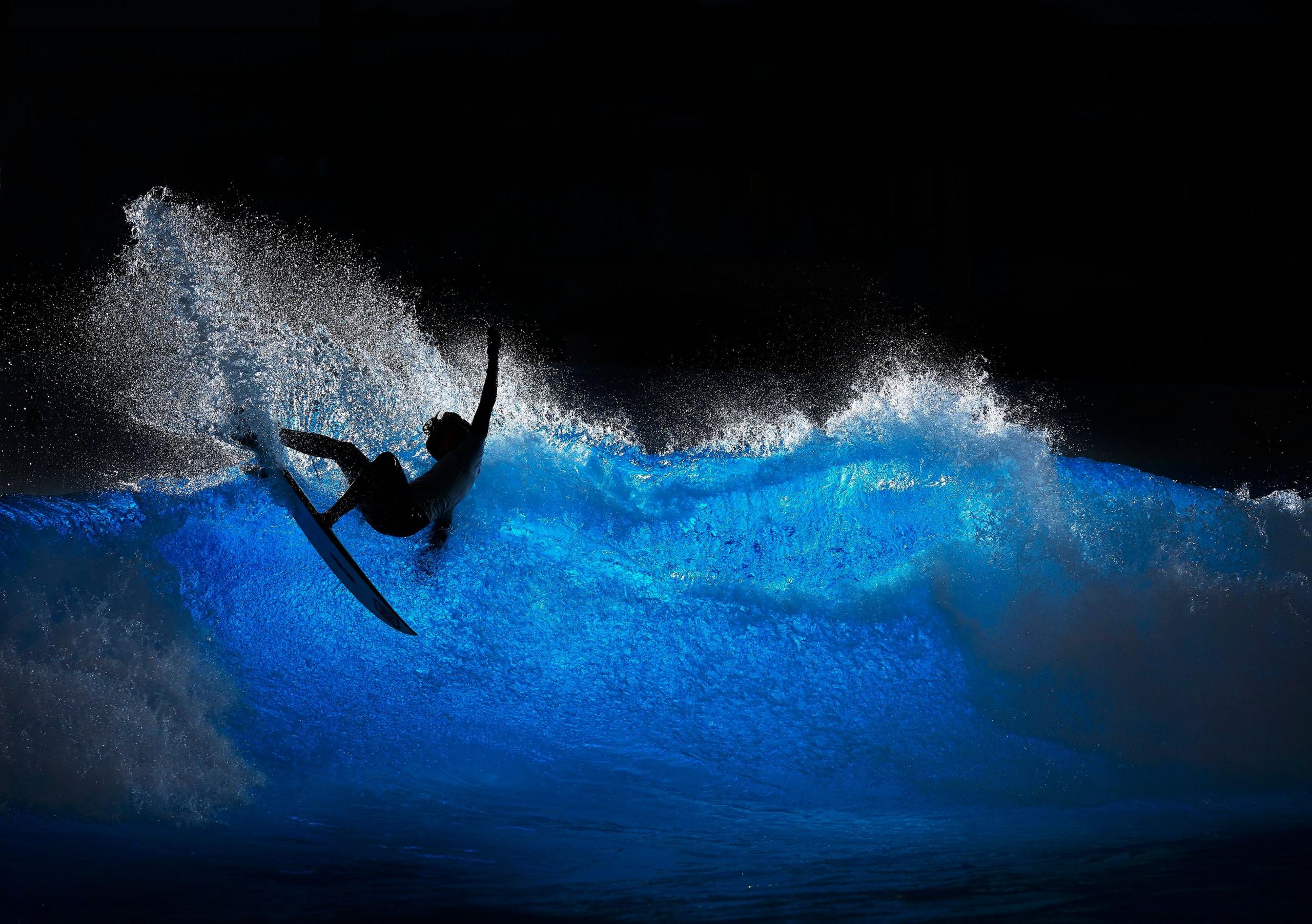 Aelan Vaast of French Polynesia practises at a wave pool in Hallbergmoos, Germany