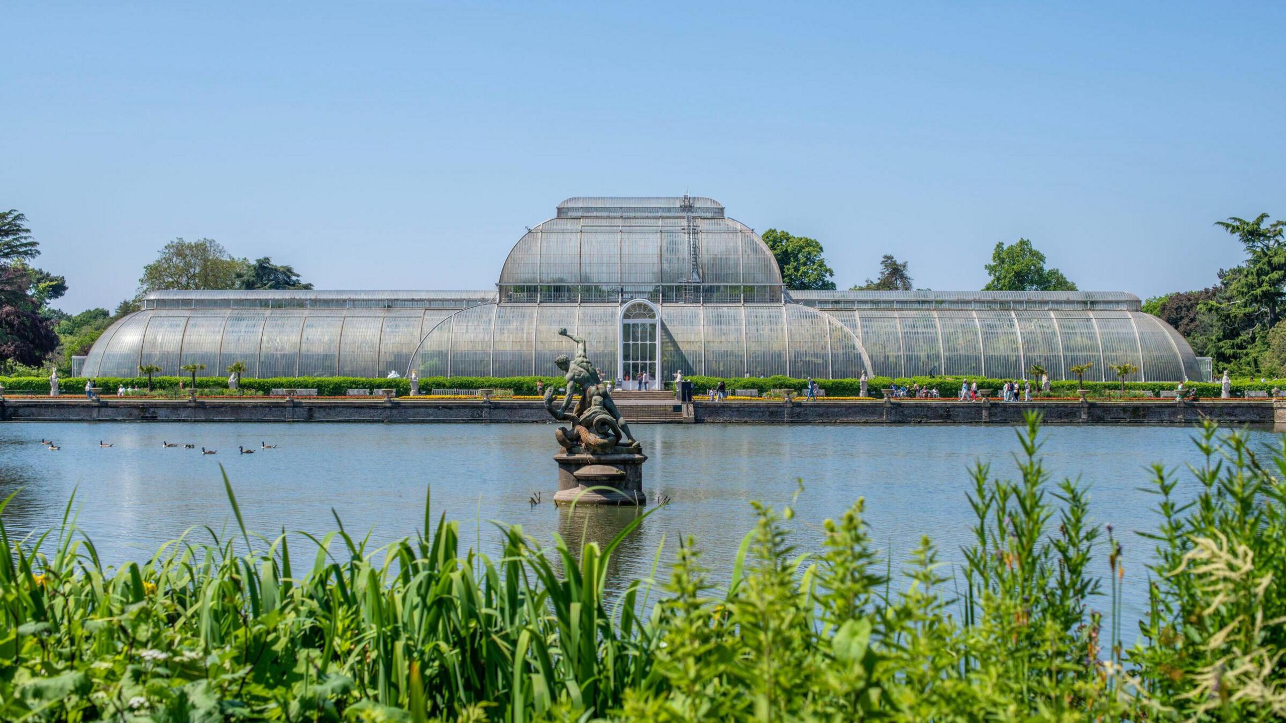 The Palm House at the Royal Botanic Gardens Kew. A large building made of iron and glass overlooks the lake and foliage.