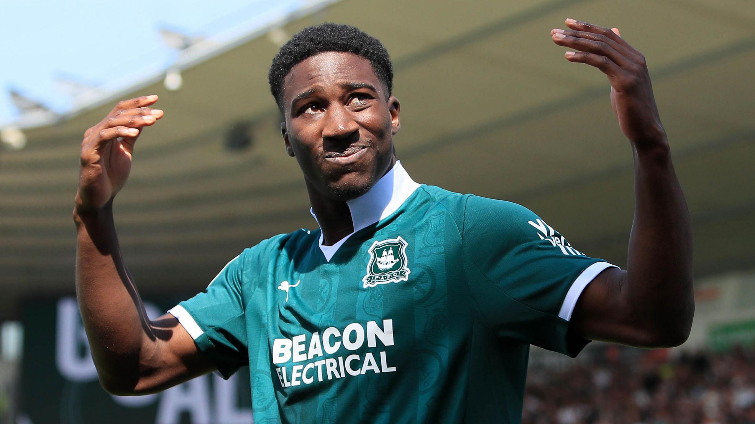 Bim Pepple celebrates scoring for Plymouth Argyle 