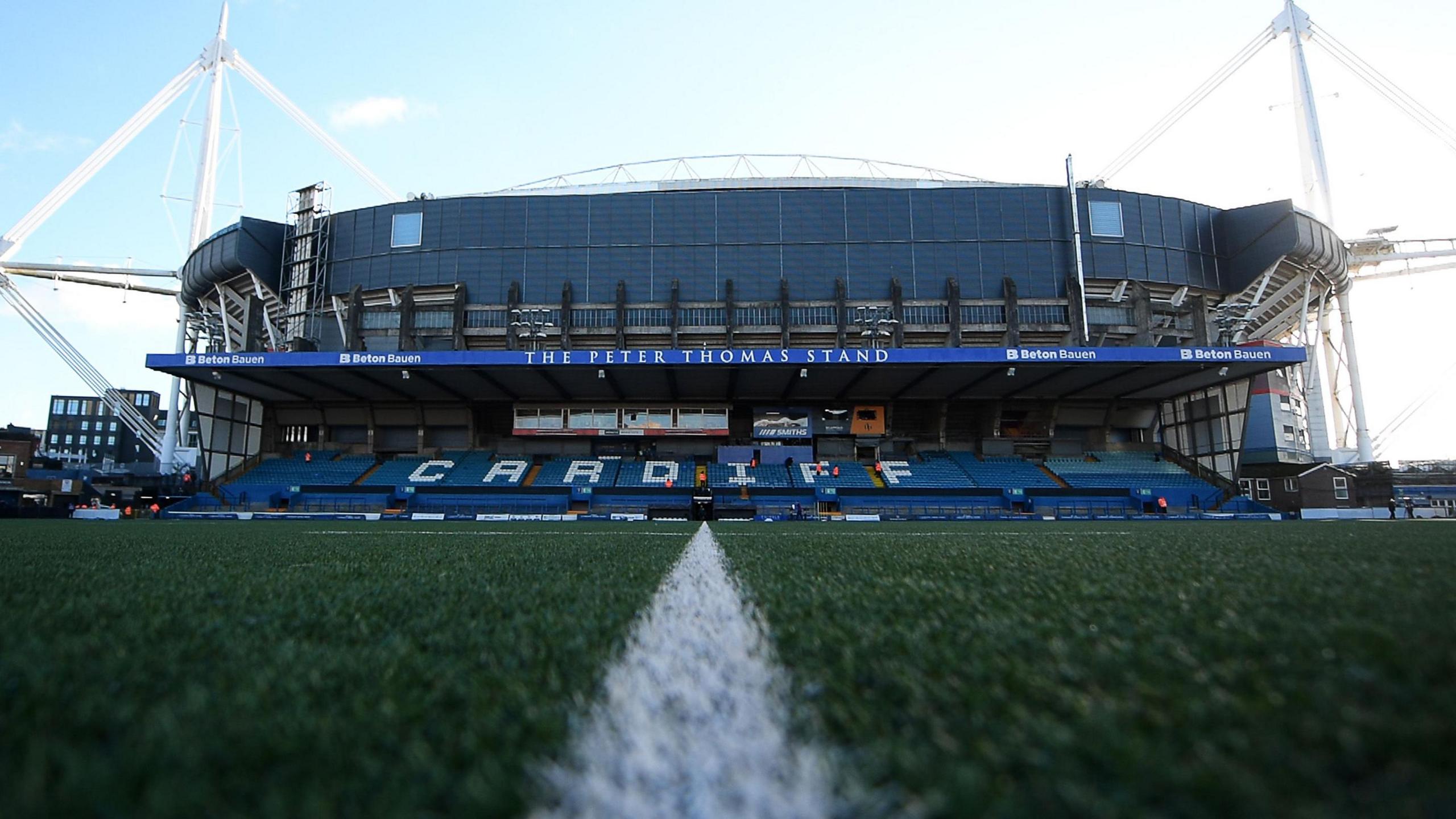 A stand at Cardiff Arms Park viewed from low level across the pitch