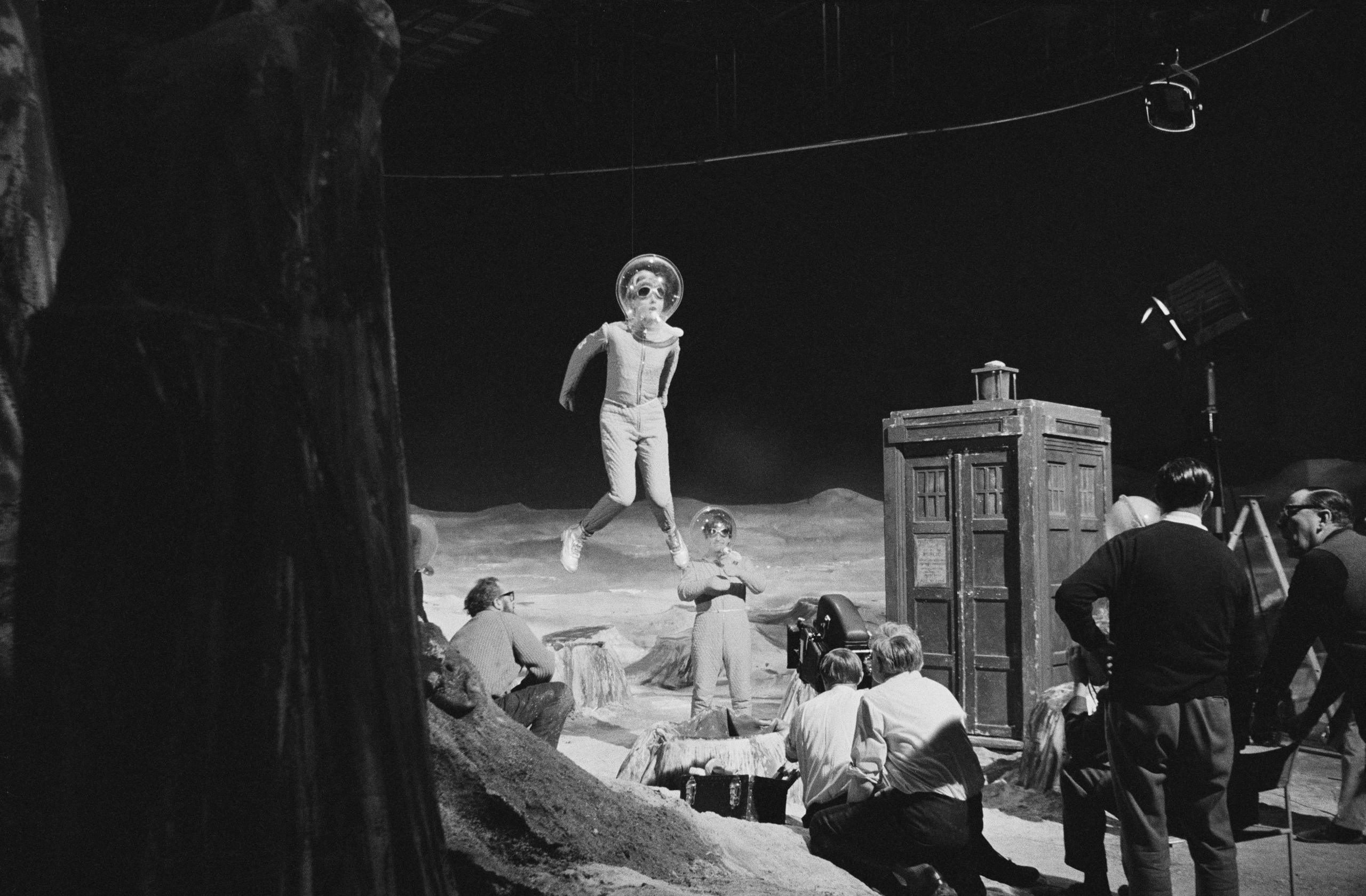 Cast and crew on set for the shooting of the Doctor Who story The Moonbase