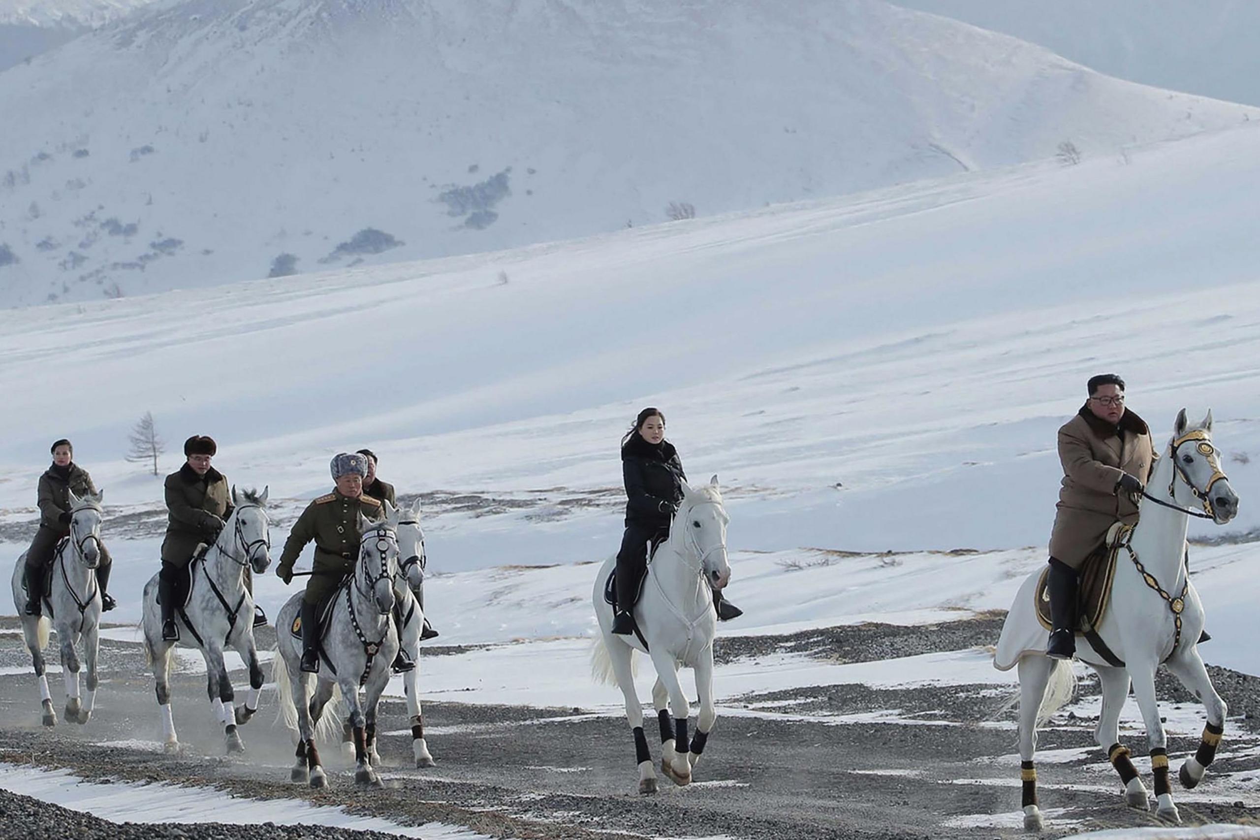 An undated picture released by North Korea's official Korean Central News Agency (KCNA) on 4 December, 2019 shows North Korean leader Kim Jong-un riding a horse as he visits battle sites at Mount Paektu, Ryanggang.