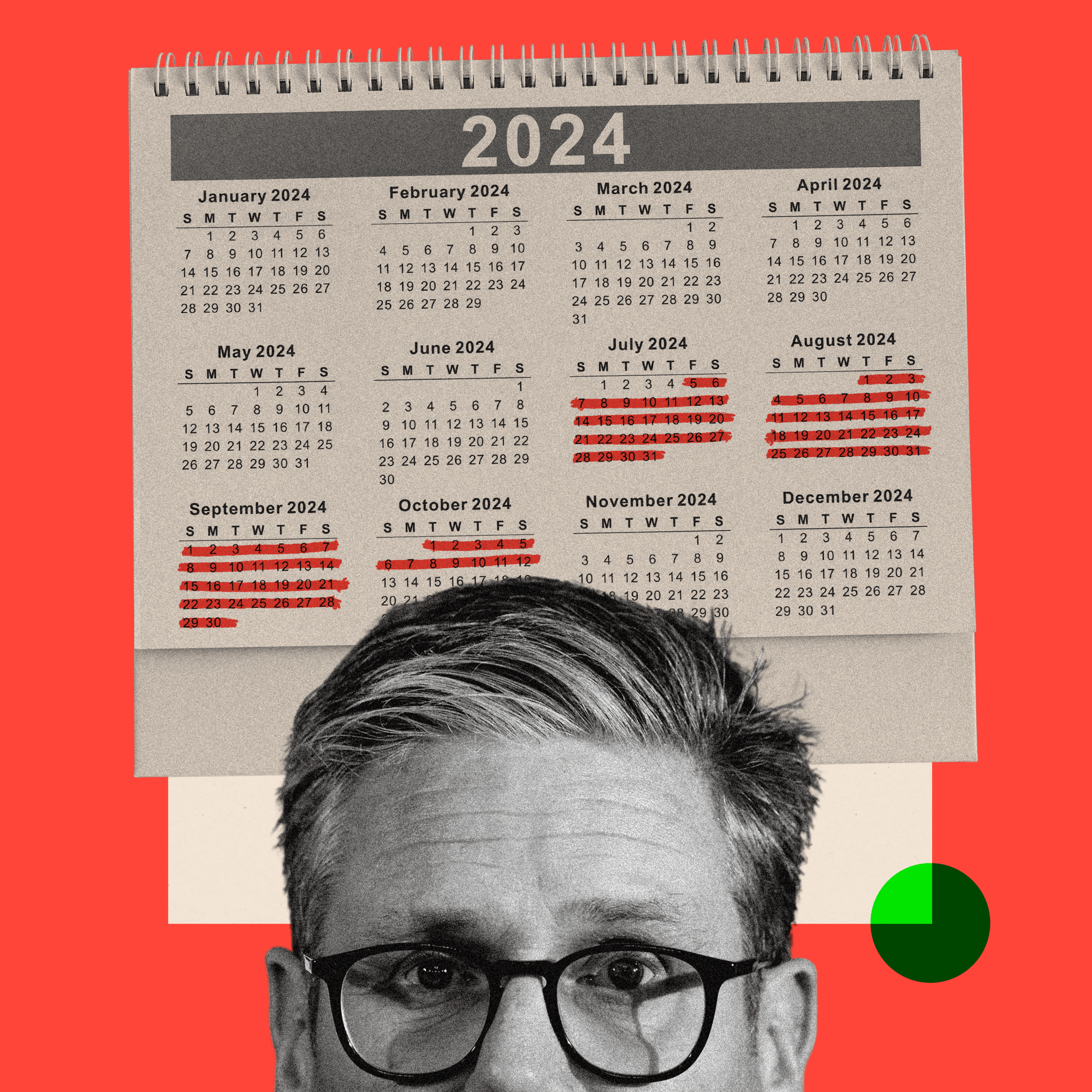 A 2024 calendar with 100 days highlighted in red, until October 12. Below is a cropped image of Keir Starmer.