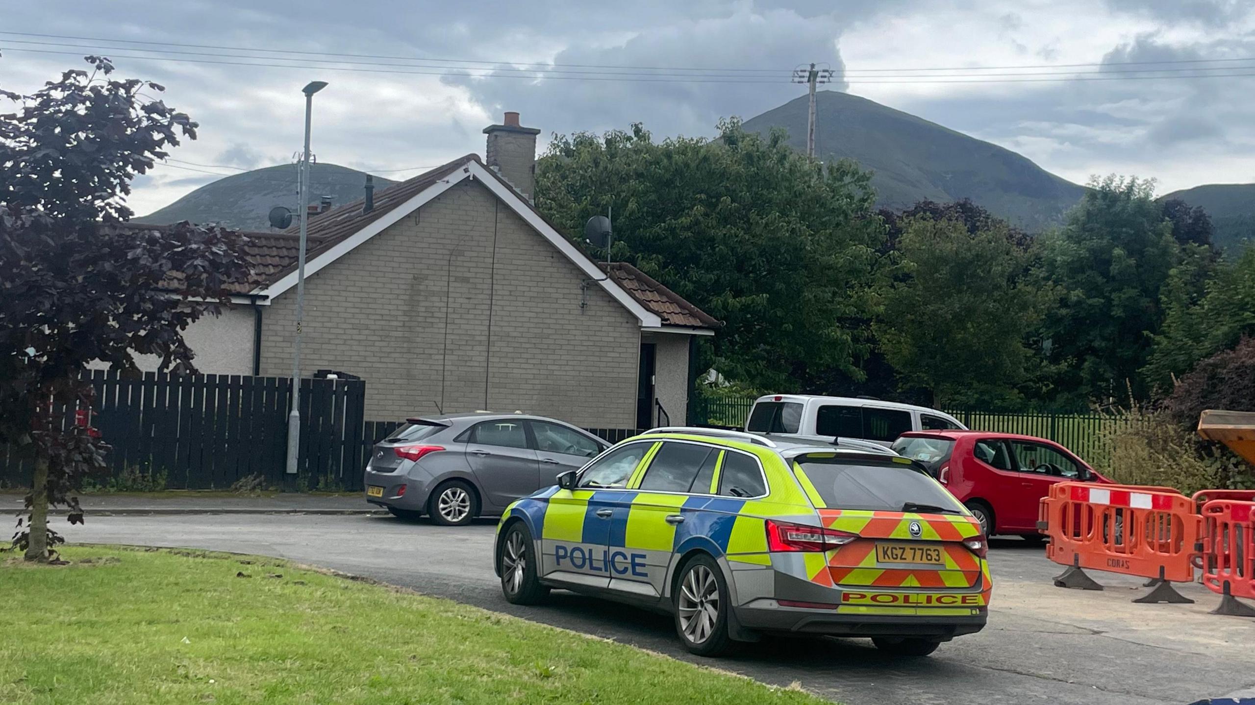 Marked police car parked on a street. There are other cars and a bungalow in the background