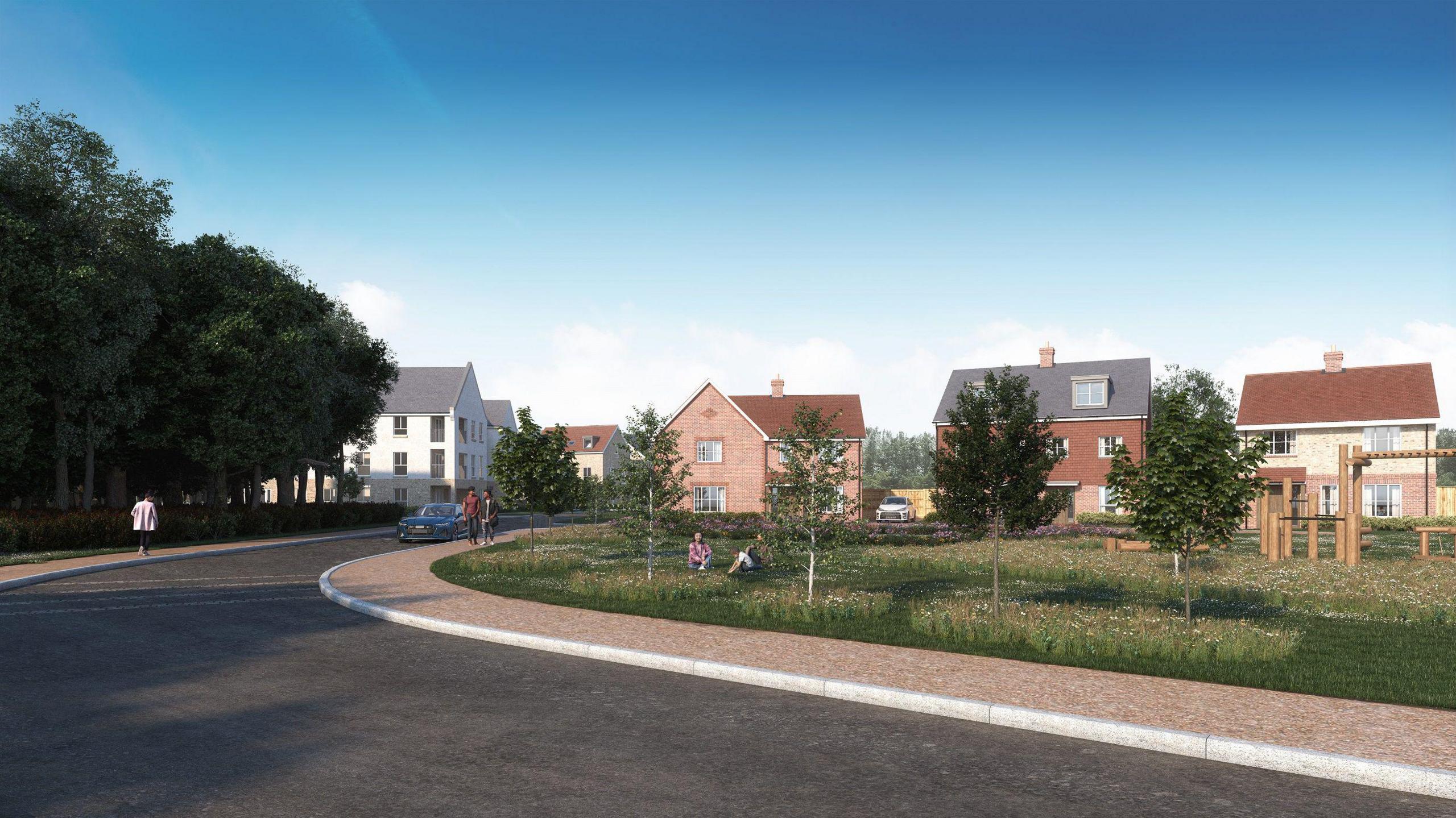 An artist's impression of the site which has a road running to it, and a white three-storey block on one side of the road, with houses on the other. There is a pavement and grassy area with trees.
