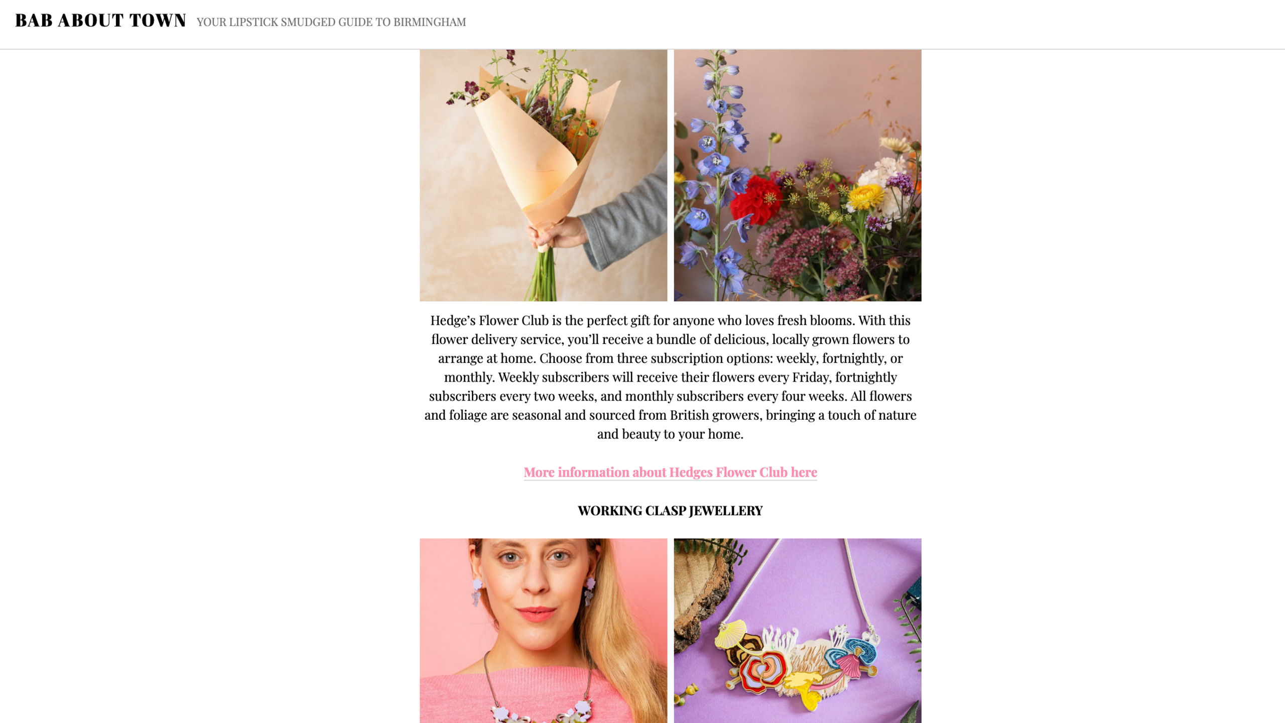 A website screenshot of the Bab About Town website with pictures of flowers and women wearing necklaces 