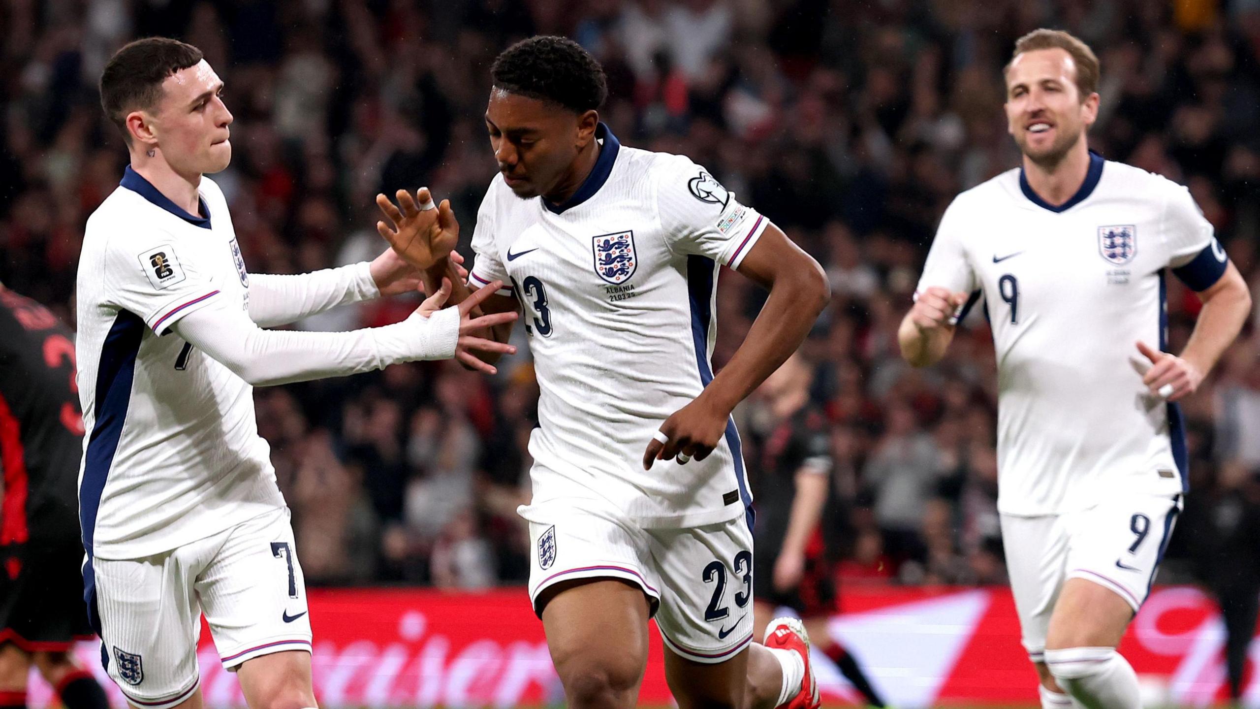 Myles Lewis-Skelly celebrates with Phil Foden after scoring the opener for England against Albania 