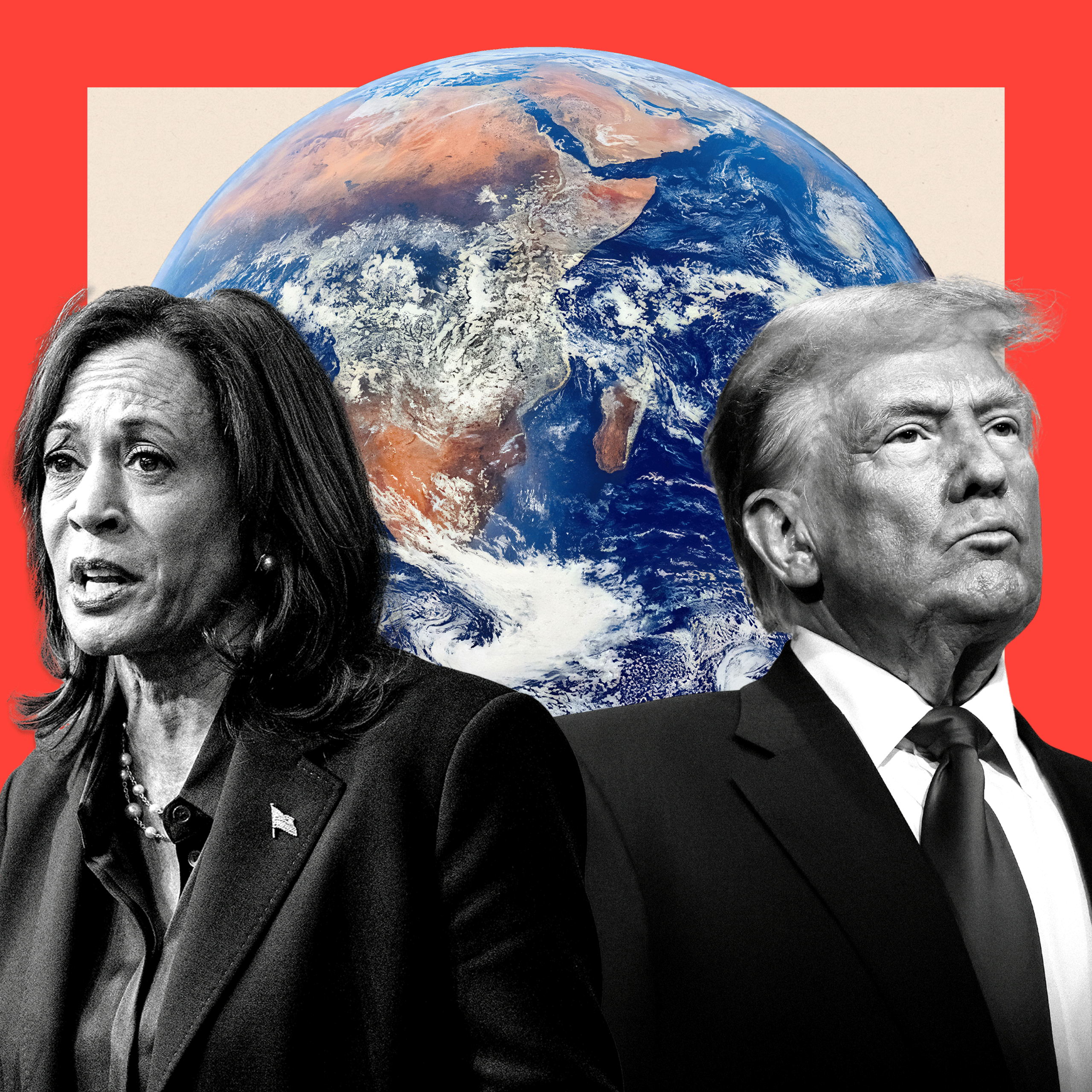 A treated image showing Kamala Harris and Donald Trump in front of a cracked globe