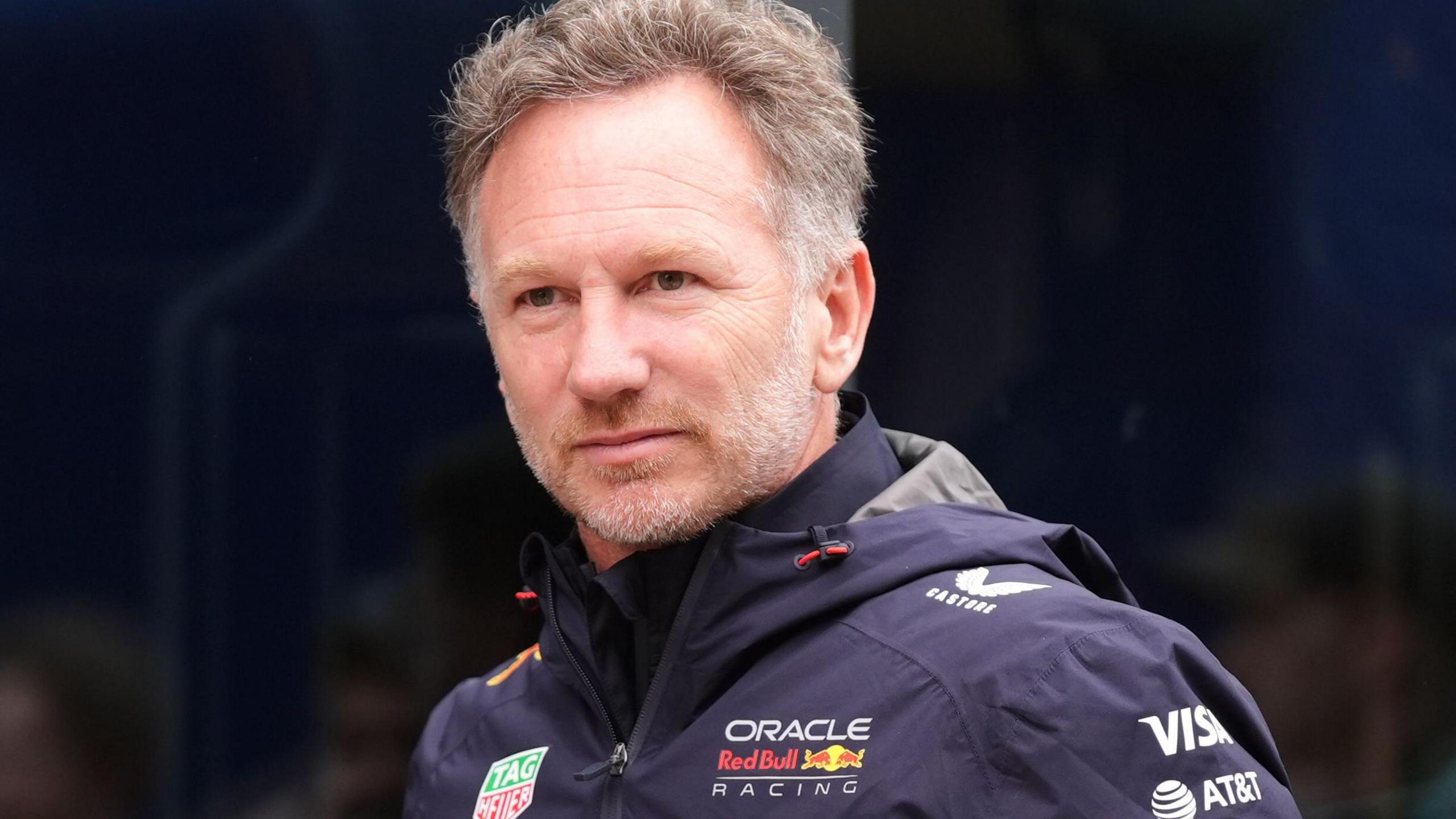 Christian Horner pictured wearing a Red Bull Racing jacket during qualifying for the 2025 British Grand Prix