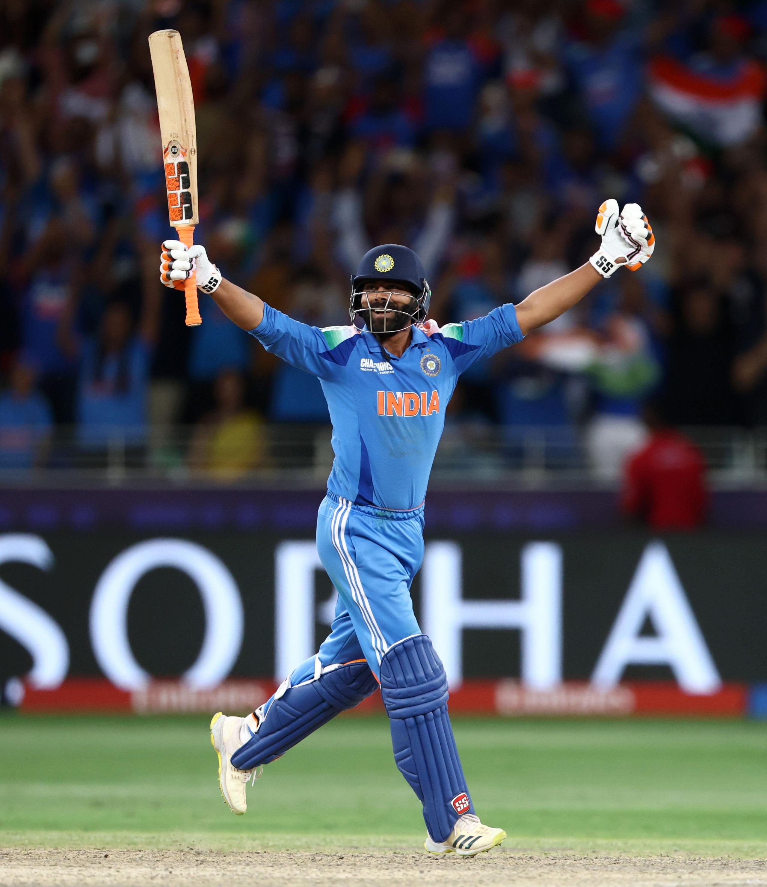 Indias Ravindra Jadeja celebrates following the team's victory against New Zealand in the ICC Champions Trophy at Dubai International Stadium in Dubai, United Arab Emirates