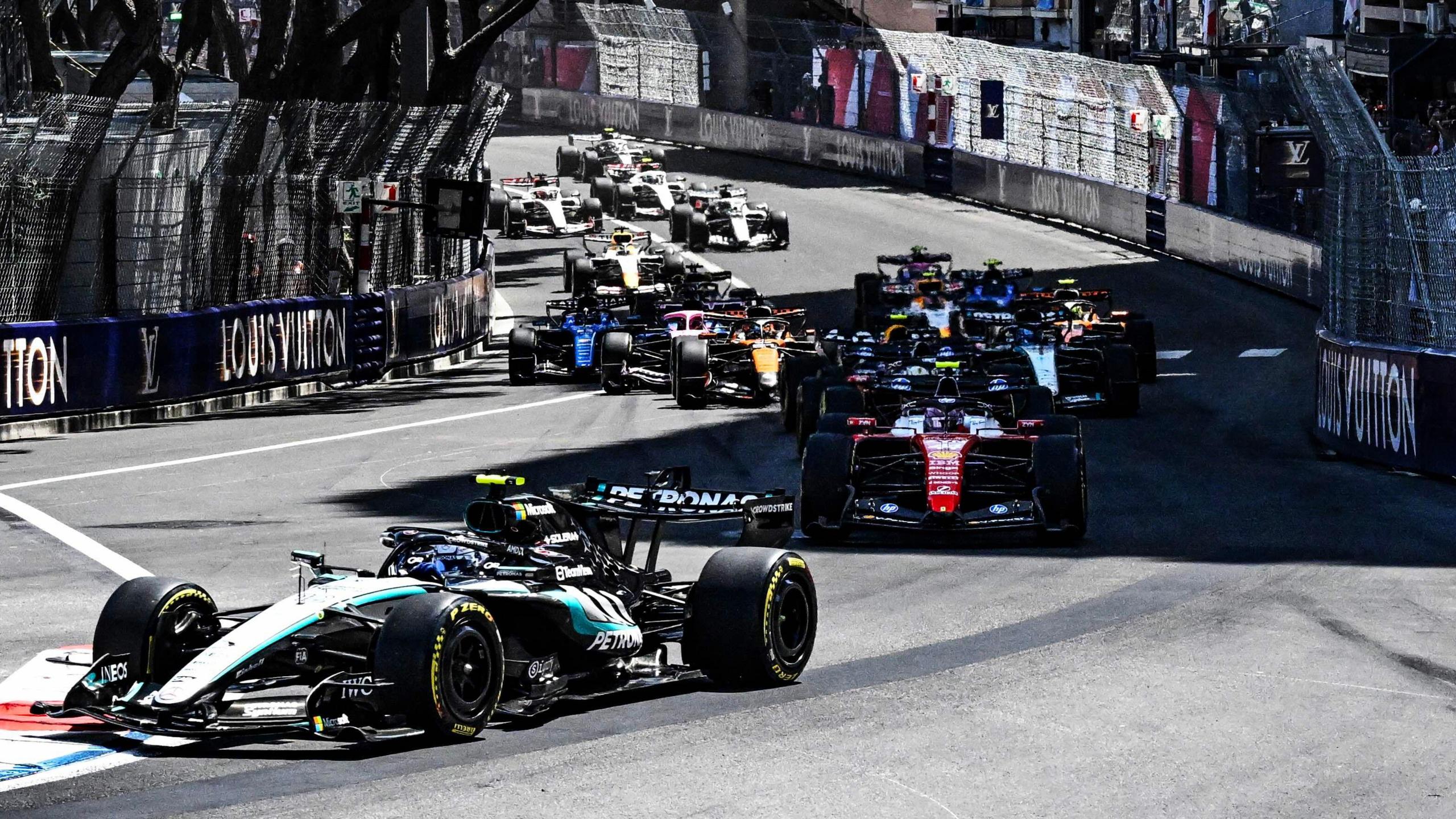 Mercedes' Kimi Antonelli leads the field at the start of the Monaco Grand Prix
