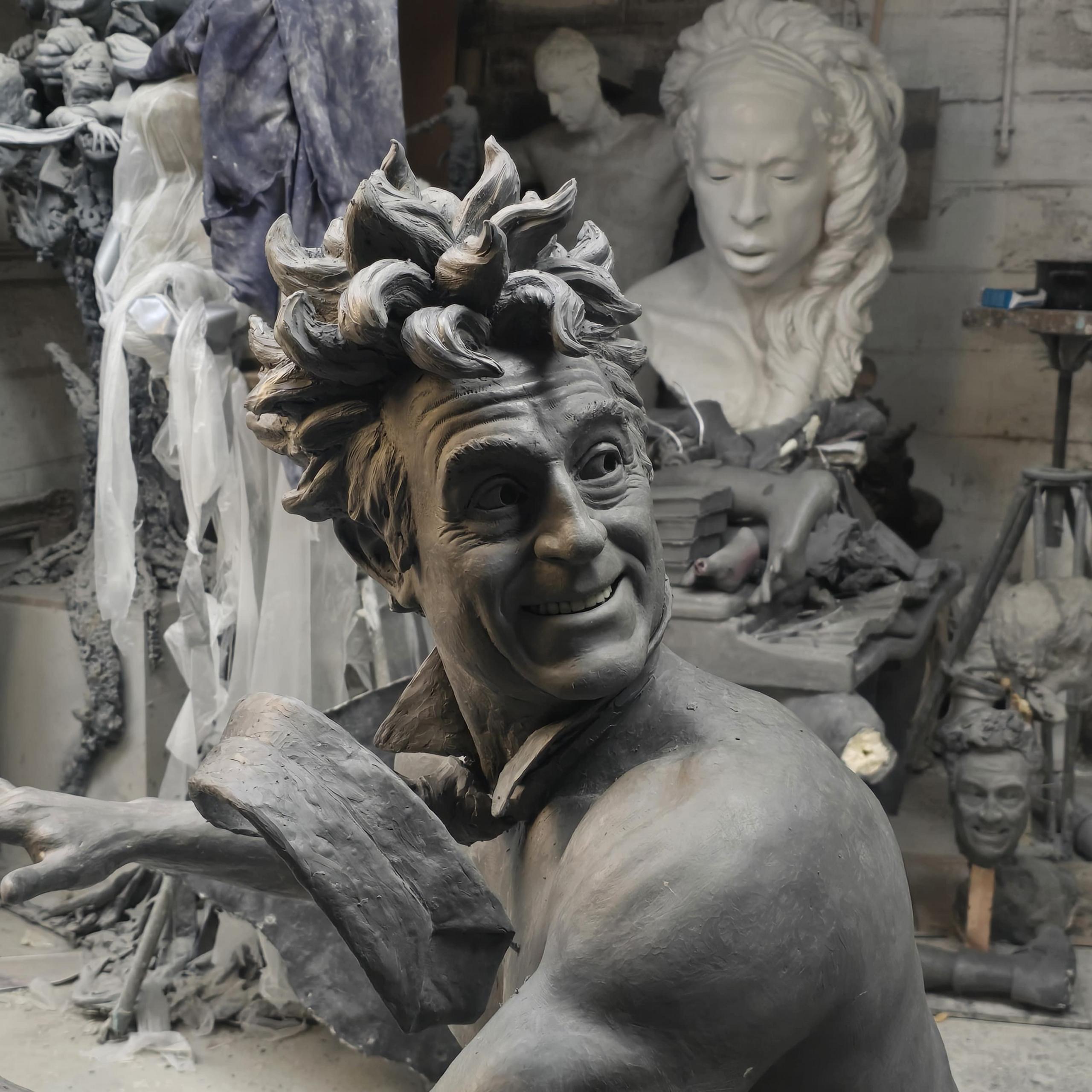 Sculptor Nick Elphick's figure of Terry Jones, a close-up of the statue in his workshop