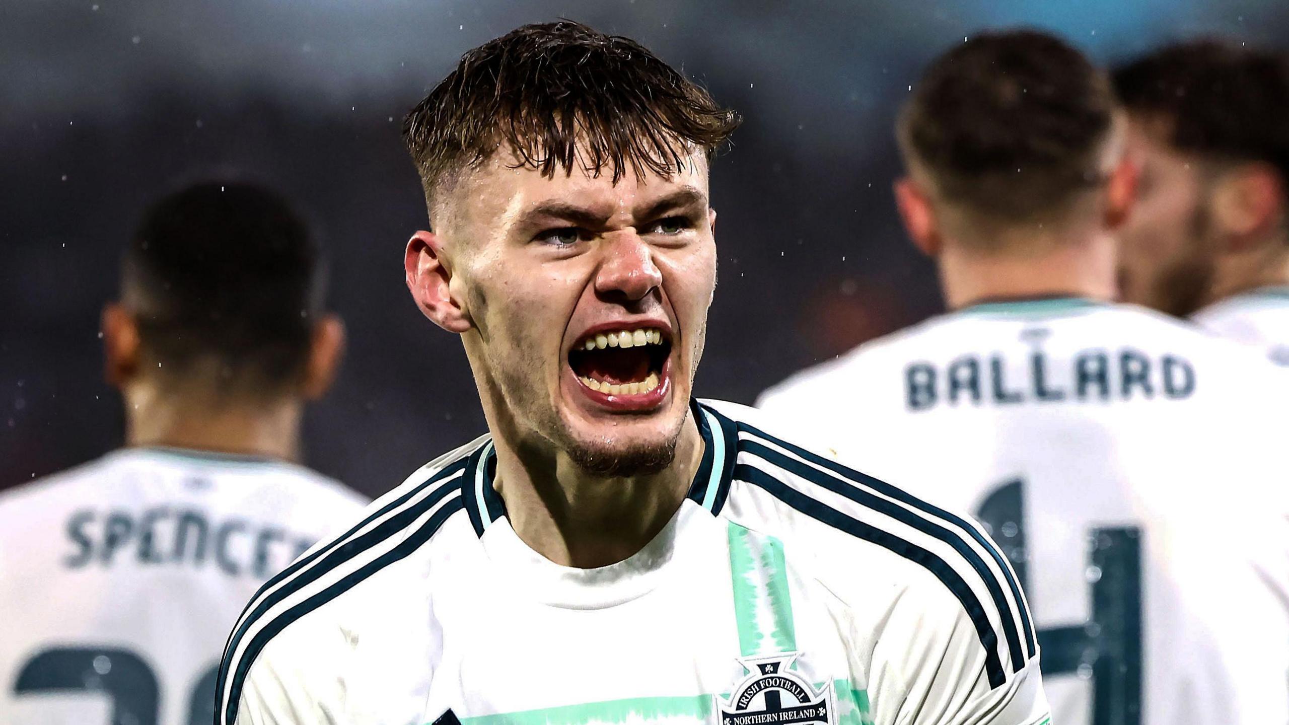 Conor Bradley celebrates his goal against Luxembourg