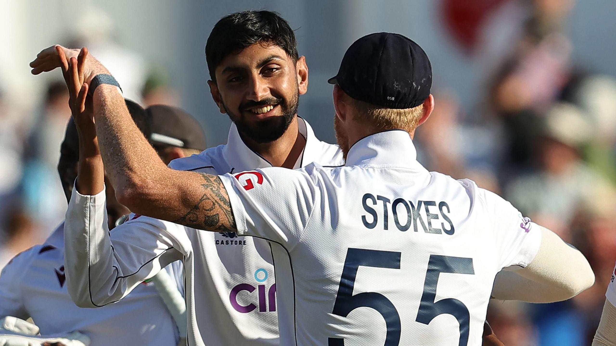 England's Shoaib Bashir celebrates a wicket with Ben Stokes in the second Test against West Indies