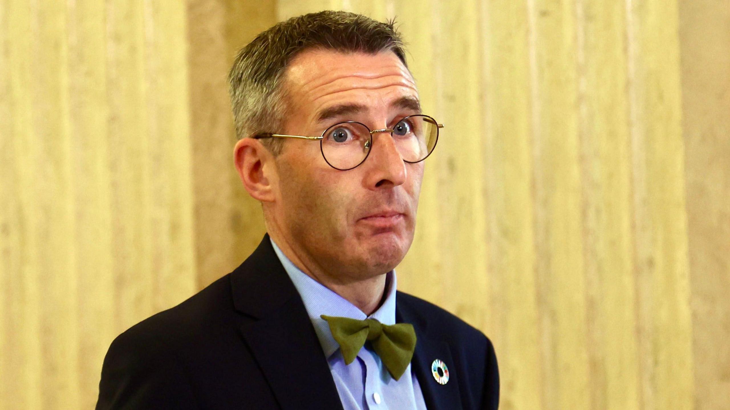 A man with grey and brown hair wearing circular glasses as well as a navy blazer, a green bow tie and a blue shirt stands in Stormont's Great Hall