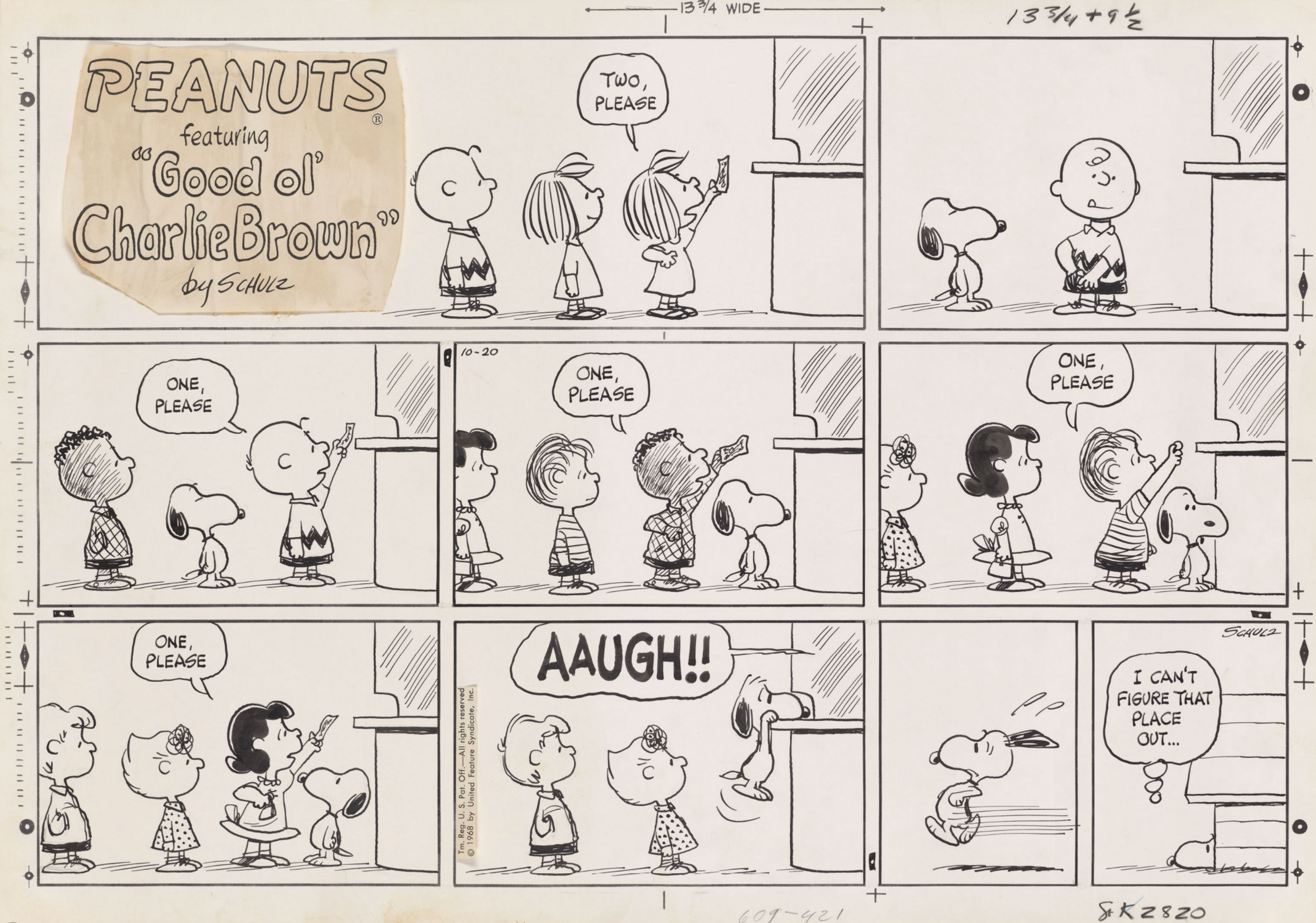 A comic-book strip showing the charcters of peanuts lining up to buy something.