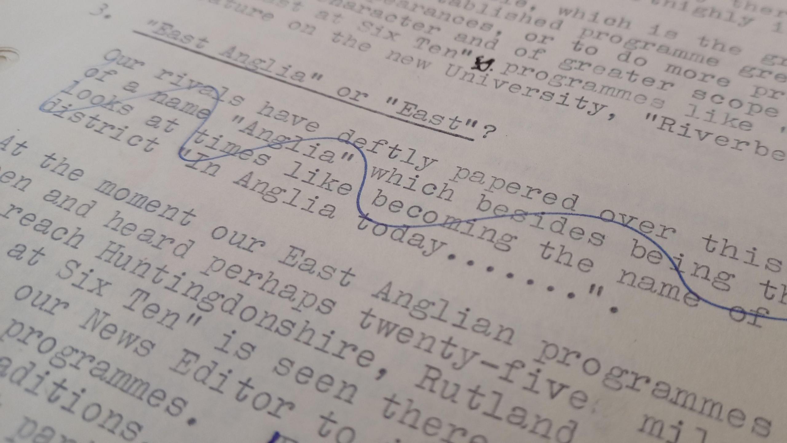 BBC Archive documents, showing black words typed onto white paper with the main headline "East Anglia or East"