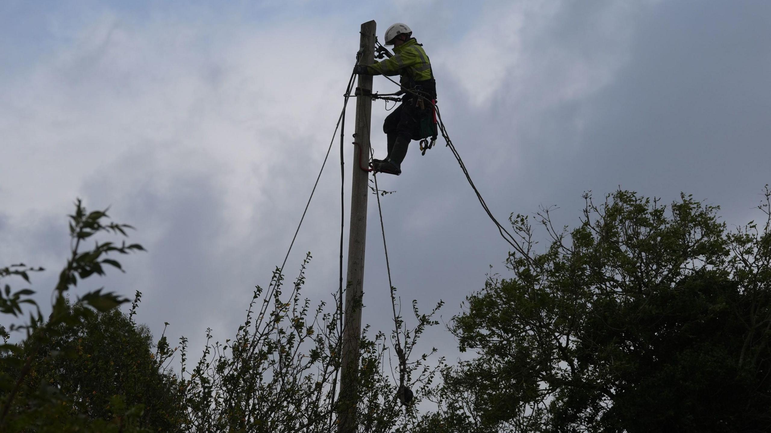 A man wearing a hi vis jacket, harness and helmet, working at the top of a telecommunications pole. Cloudy background. The pole extends above the tree line. 