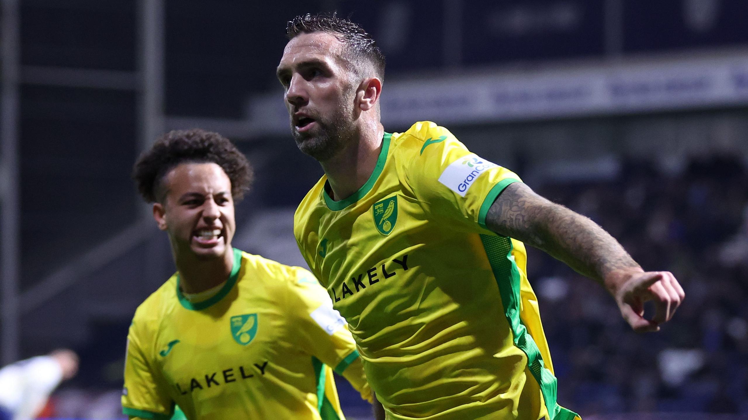 Norwich City defender Shane Duffy celebrates his equalising goal at Preston North End