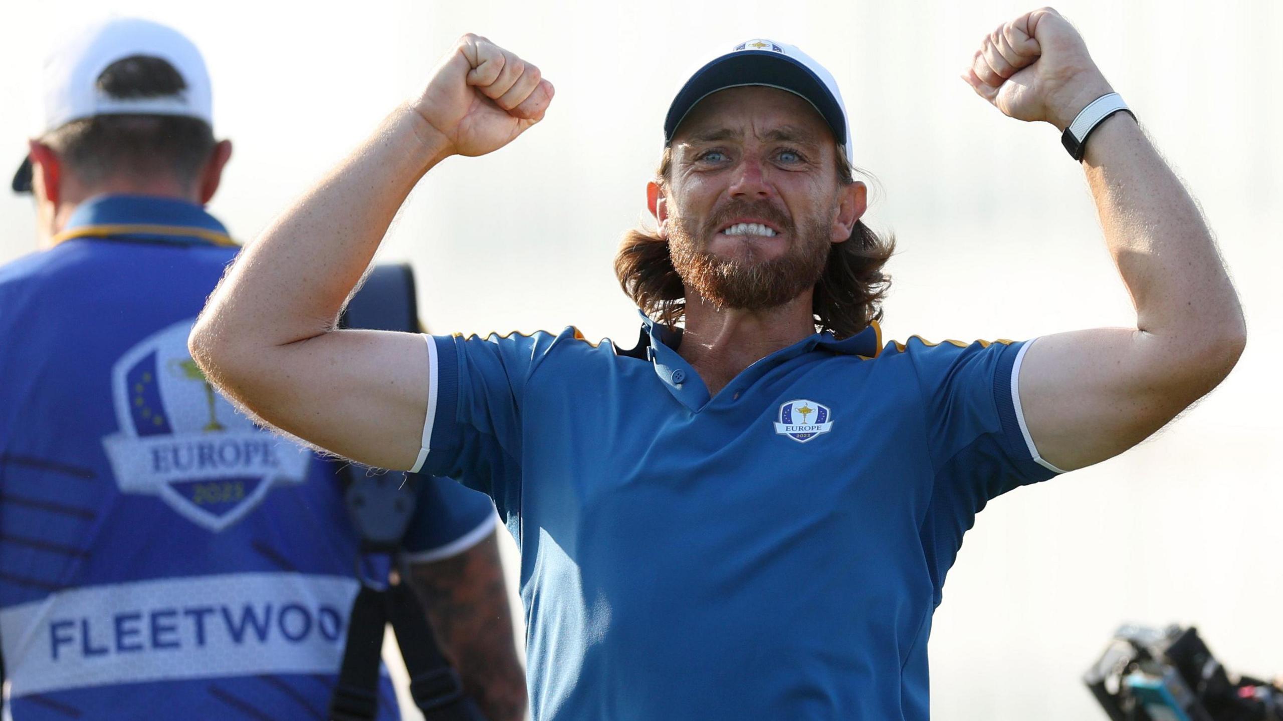 Tommy Fleetwood celebrates after Europe win the Ryder Cup in Rome.