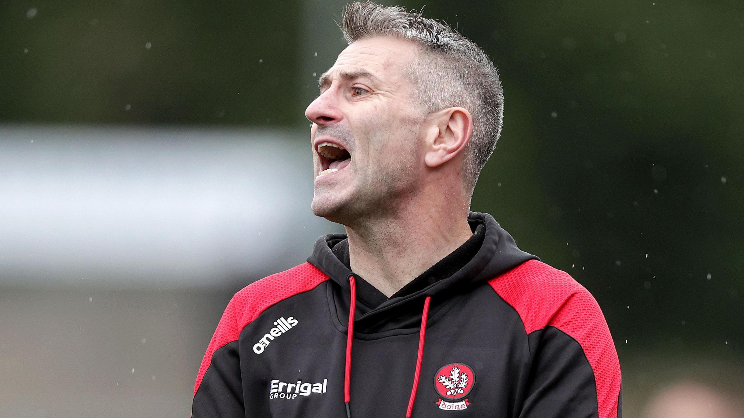 Rory Gallagher shouts instructions to the Derry players during the 2023 Ulster SFC quarter-final against Fermanagh