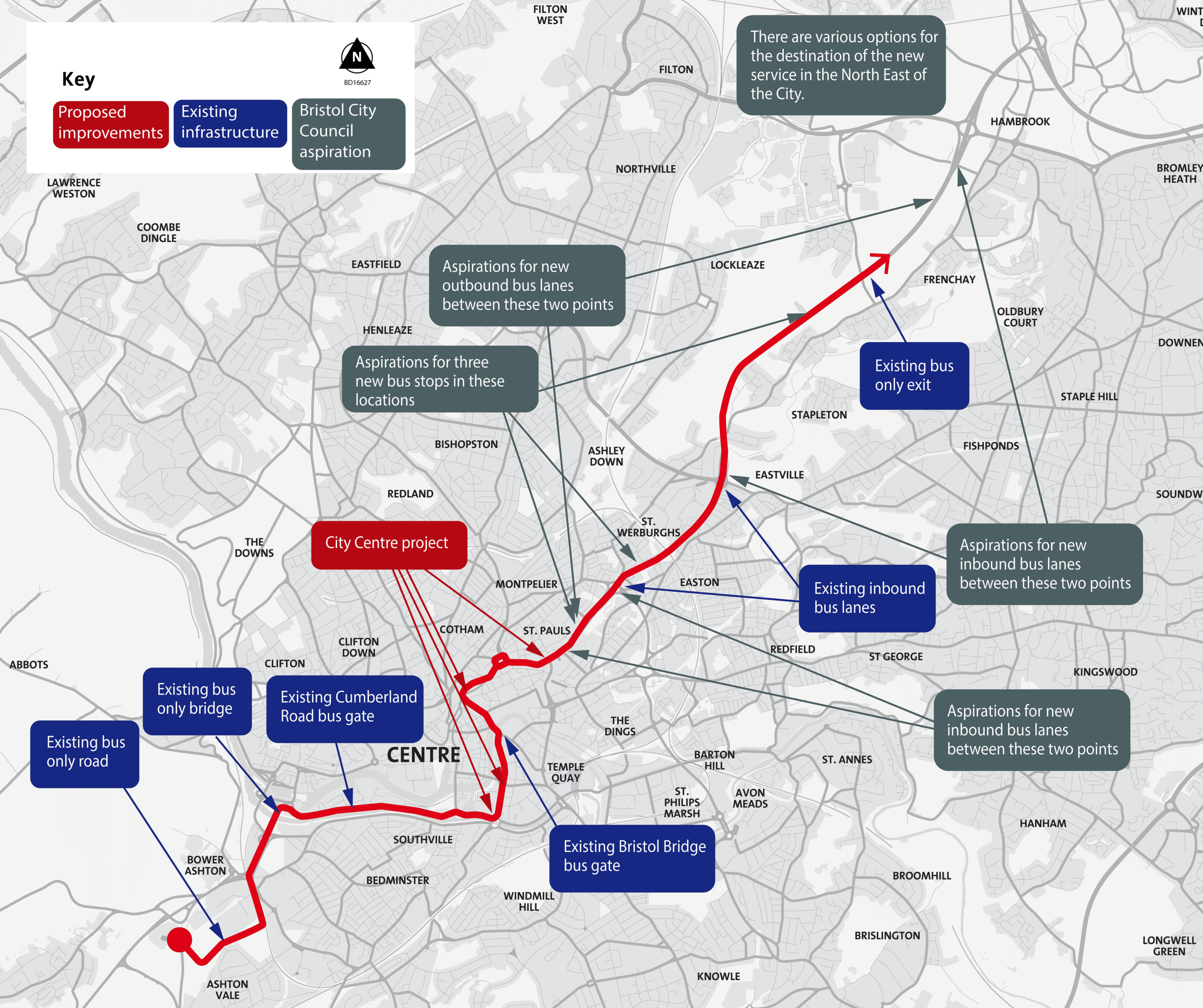 A black and white map of Bristol with a red line showing a new bus route which will run along a new artery through the city from the south west near Ashton Vale to the north east near Frenchay