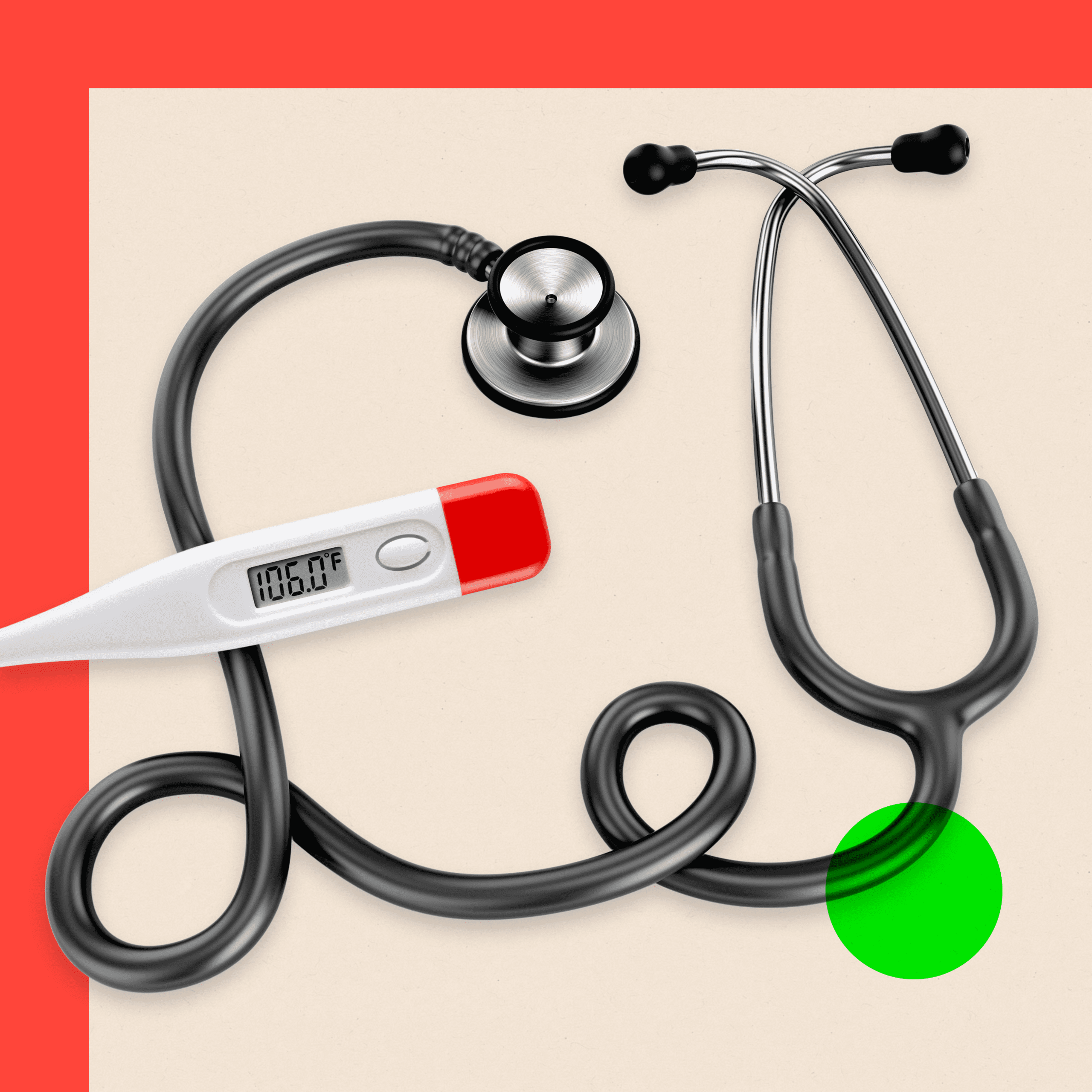 Montage image showing a stethoscope and a thermometer forming a pound sign