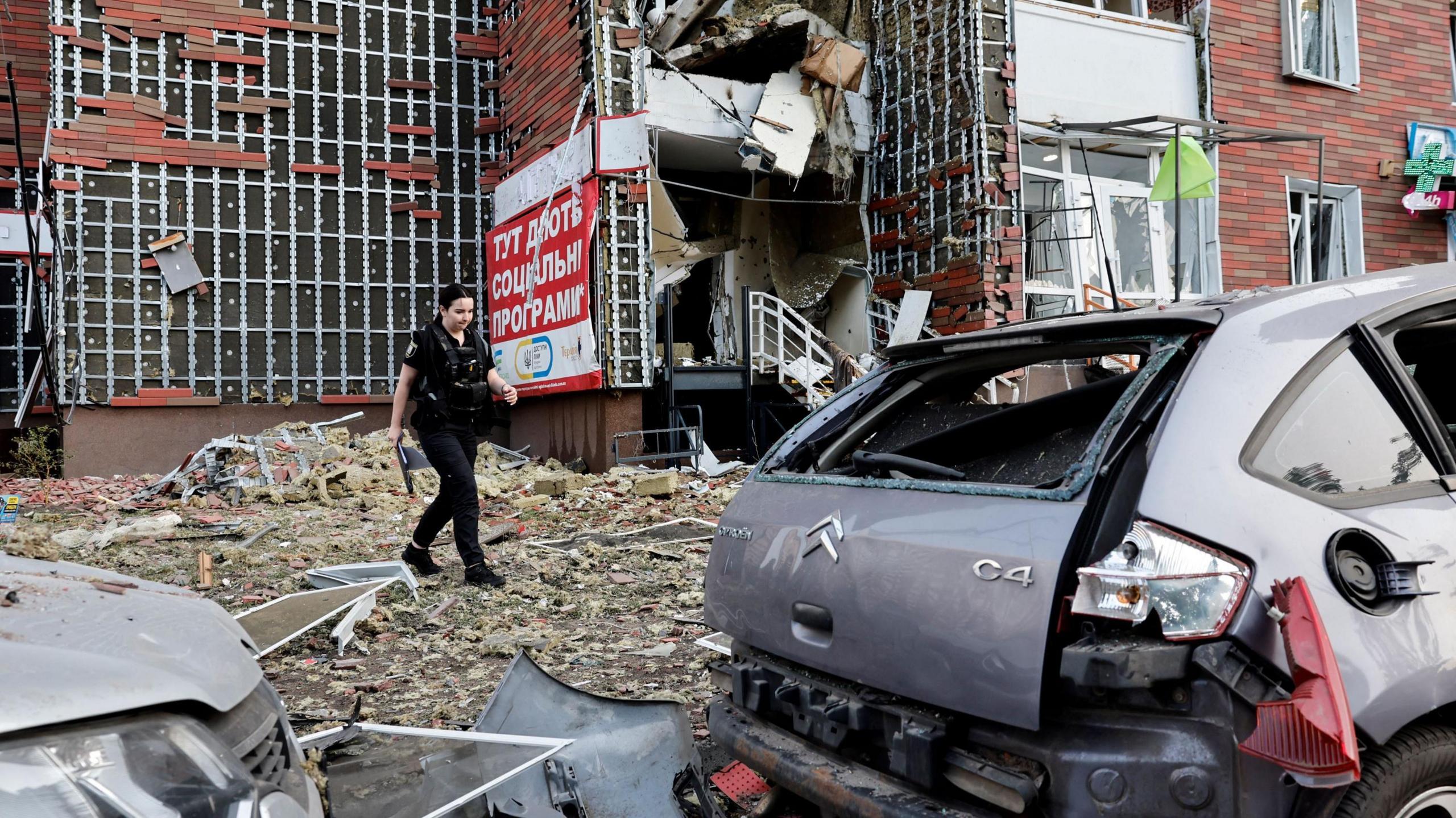 An apartment building damaged after the Russian drone strike on Kyiv