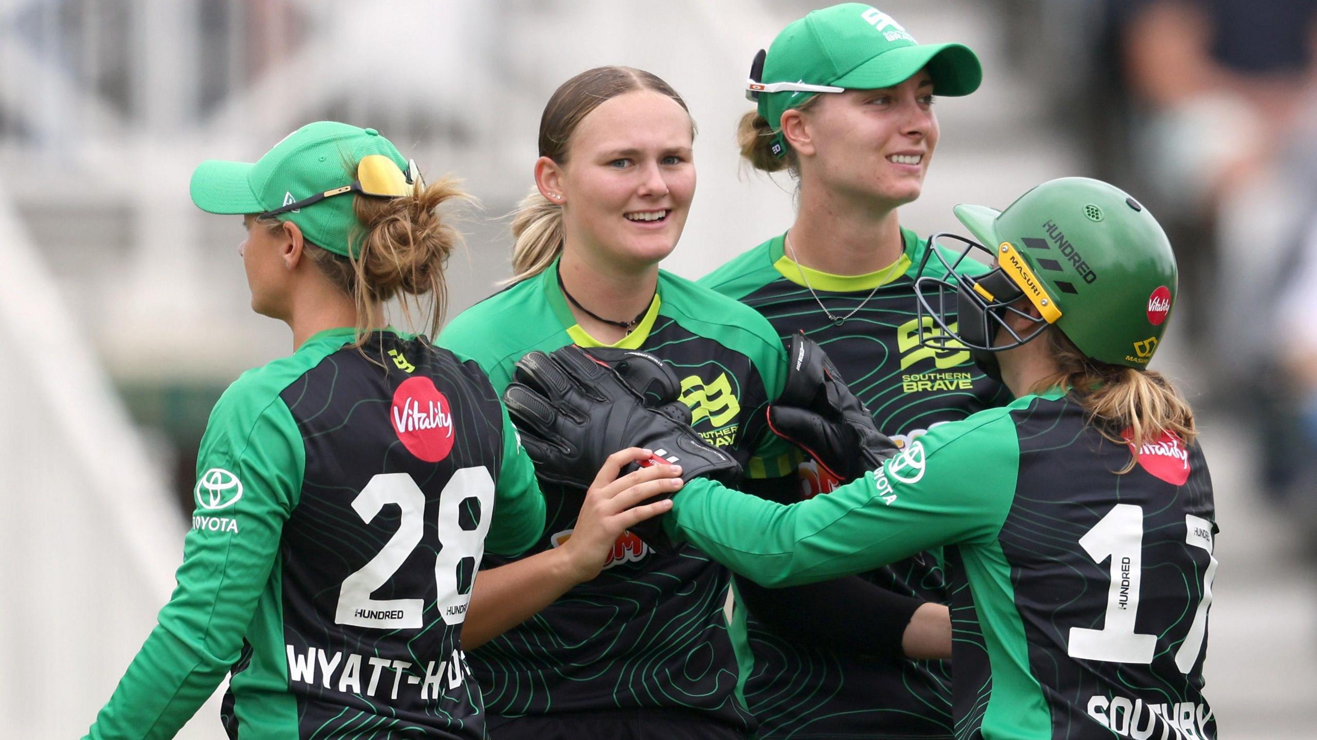 Tilly Corteen-Coleman celebrates with her Southern Brave team-mates