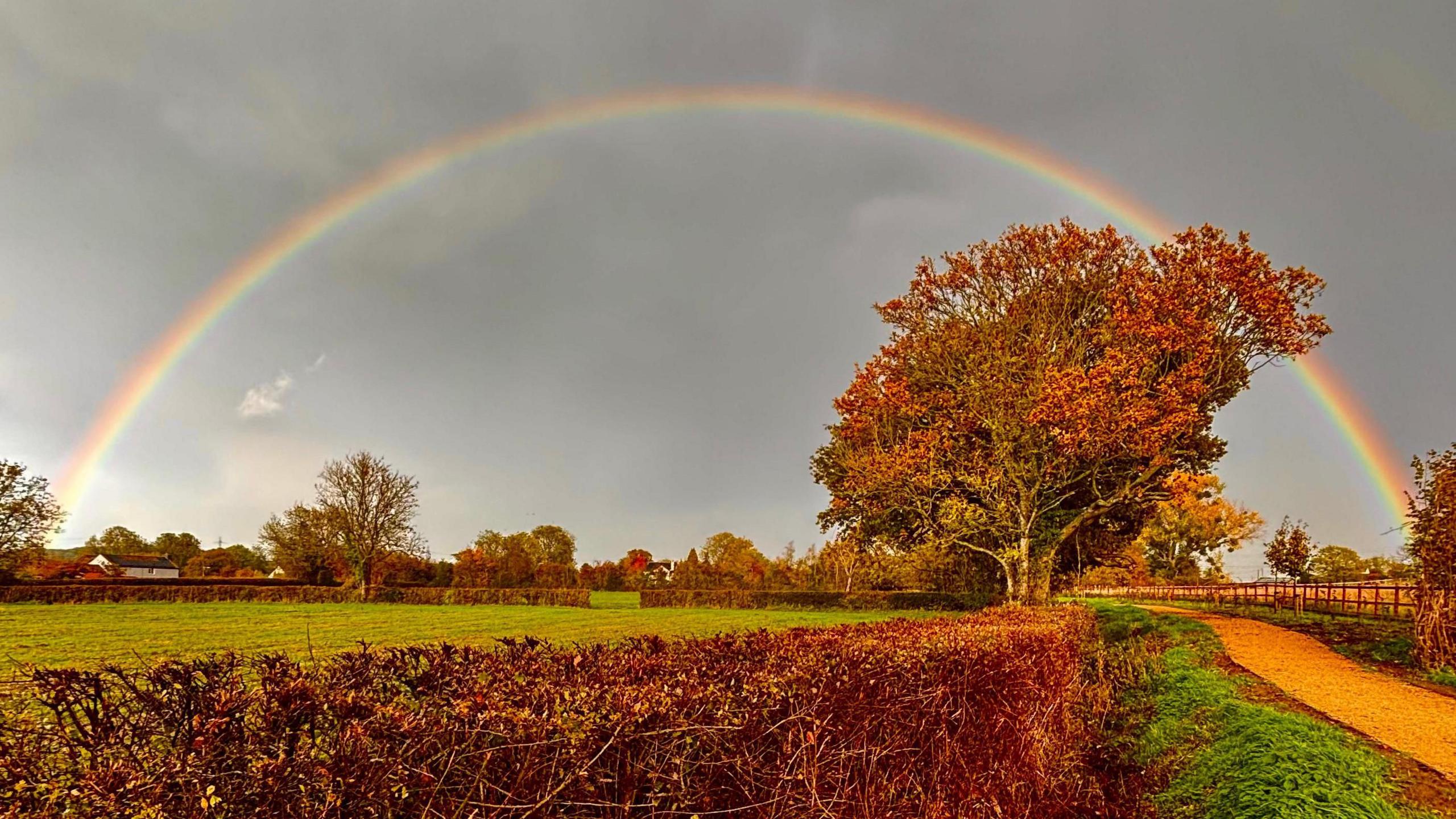 A rainbow over a field in Thornbury taken on a cloudy autumnal day.
