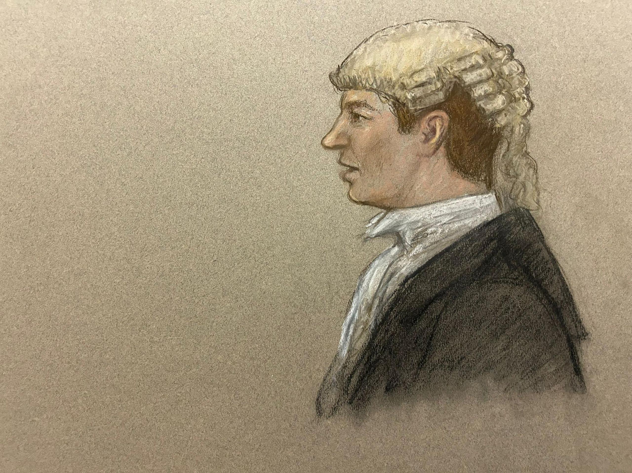 Court drawing of Bill Emlyn-Jones KC, a man in a white wig and black gown. He is shown in profile