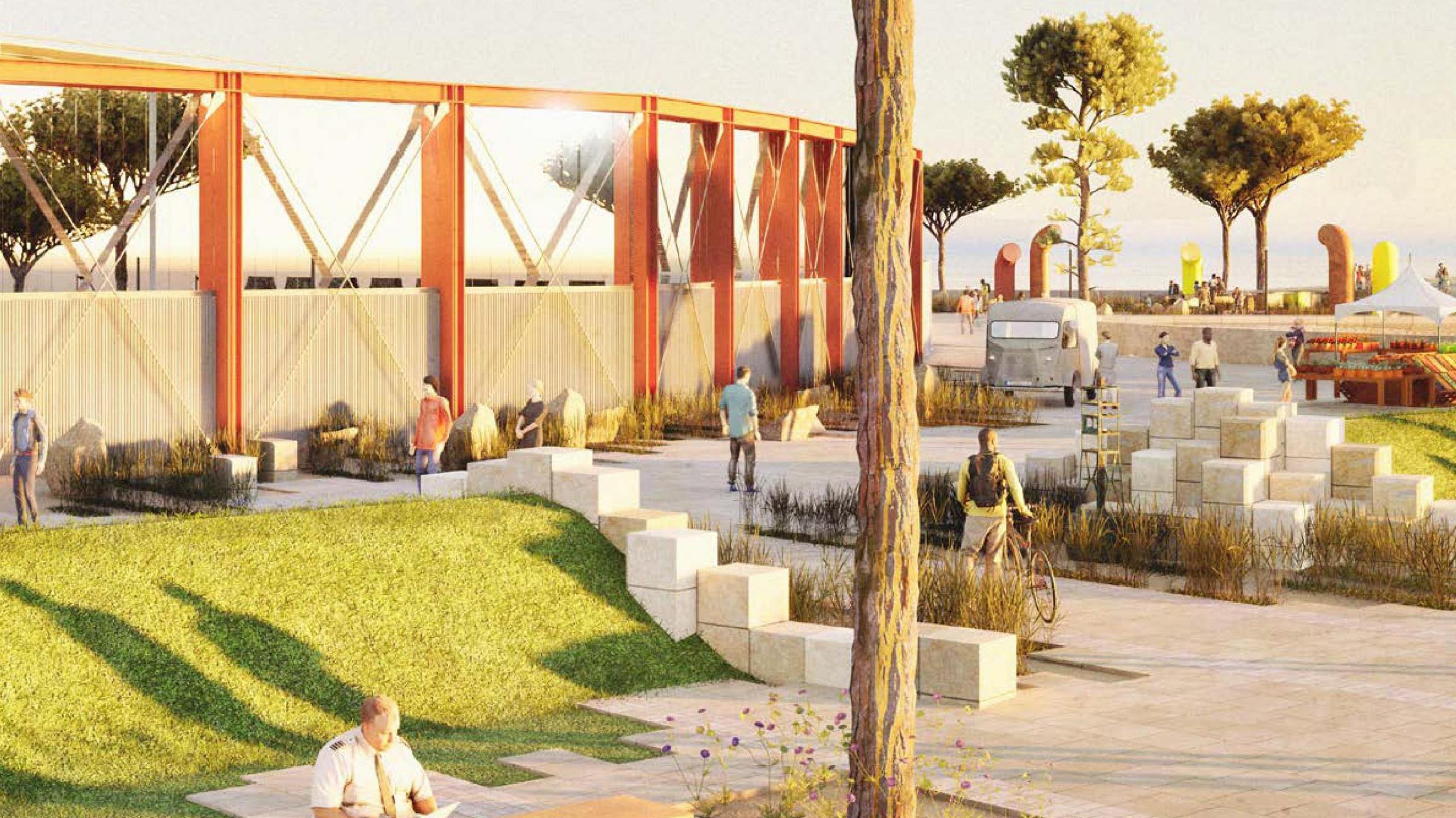 An artist's impression of a new area of public realm. It shows people walking, using bicycles and sitting. There is a section of grass, trees and a tall wall, which includes from red iron pillars.