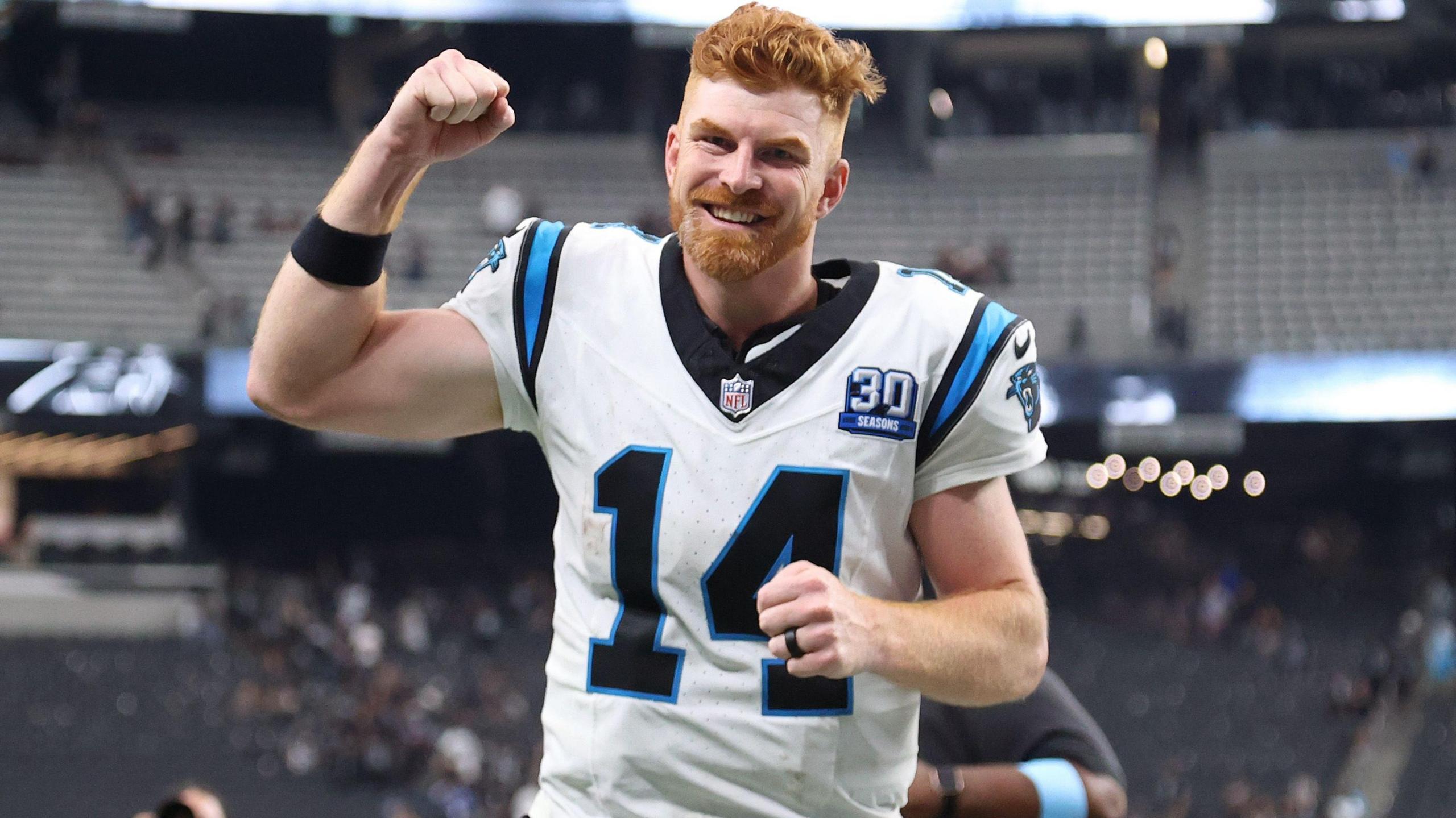 Carolina Panthers quarterback Andy Dalton celebrates victory in Las Vegas