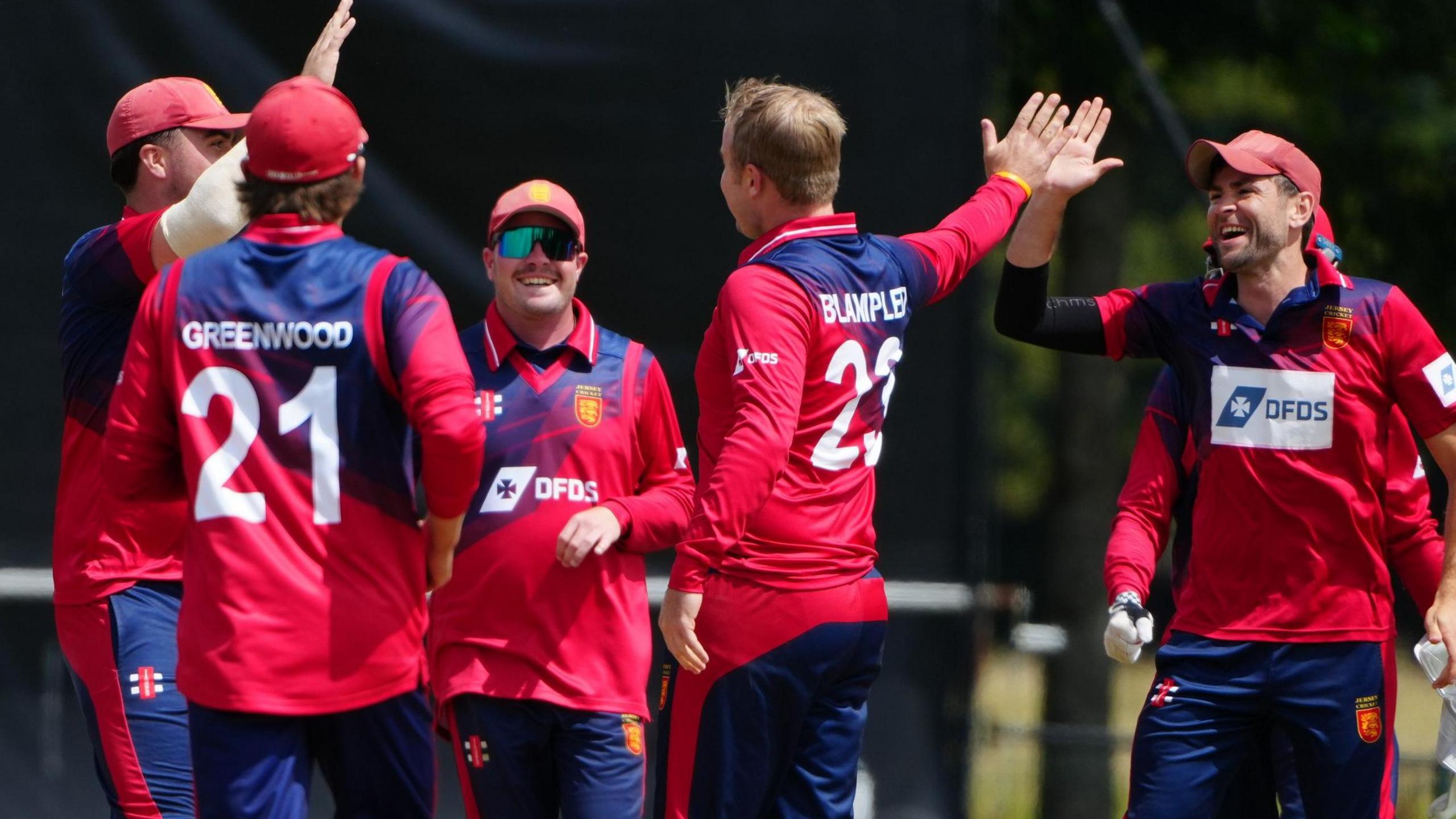 Jersey celebrate Dom Blampied's wicket