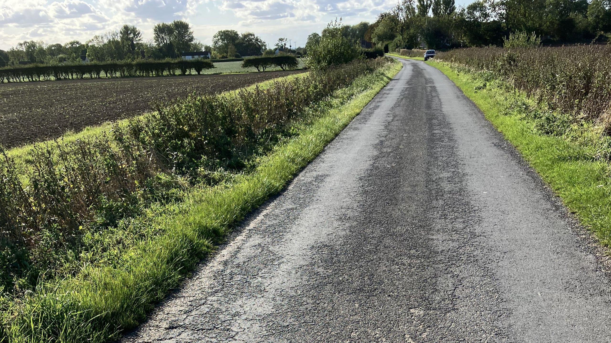 A narrow country road stretches into the distance. The road is bordered by green grass and hedges on both sides - there is a plowed field on the left and vegetation on the right. A car is visible in the distance.