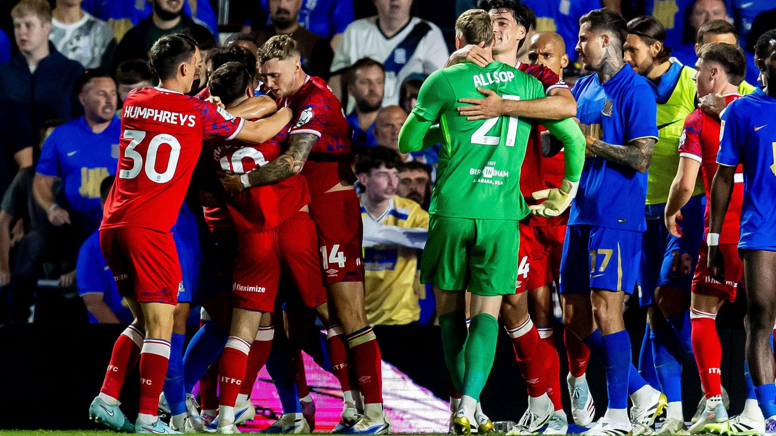 Birmingham City and Ipswich Town players get involved in a scuffle and confrontation at the end of their Championship match following the award of a controversial penalty