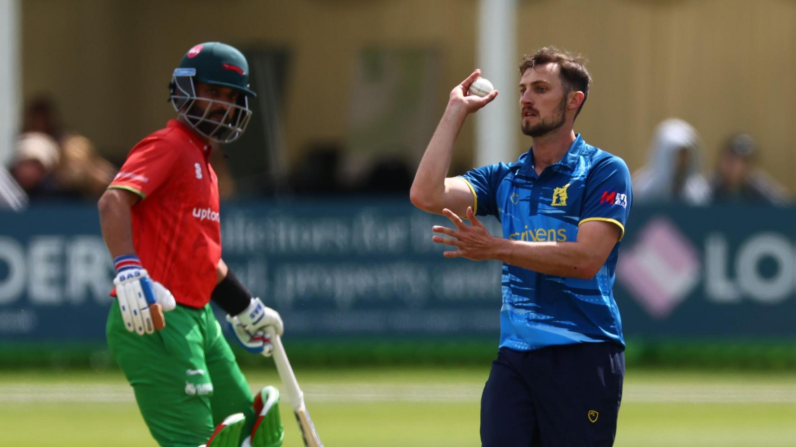 Ed Barnard bowling at Leicester