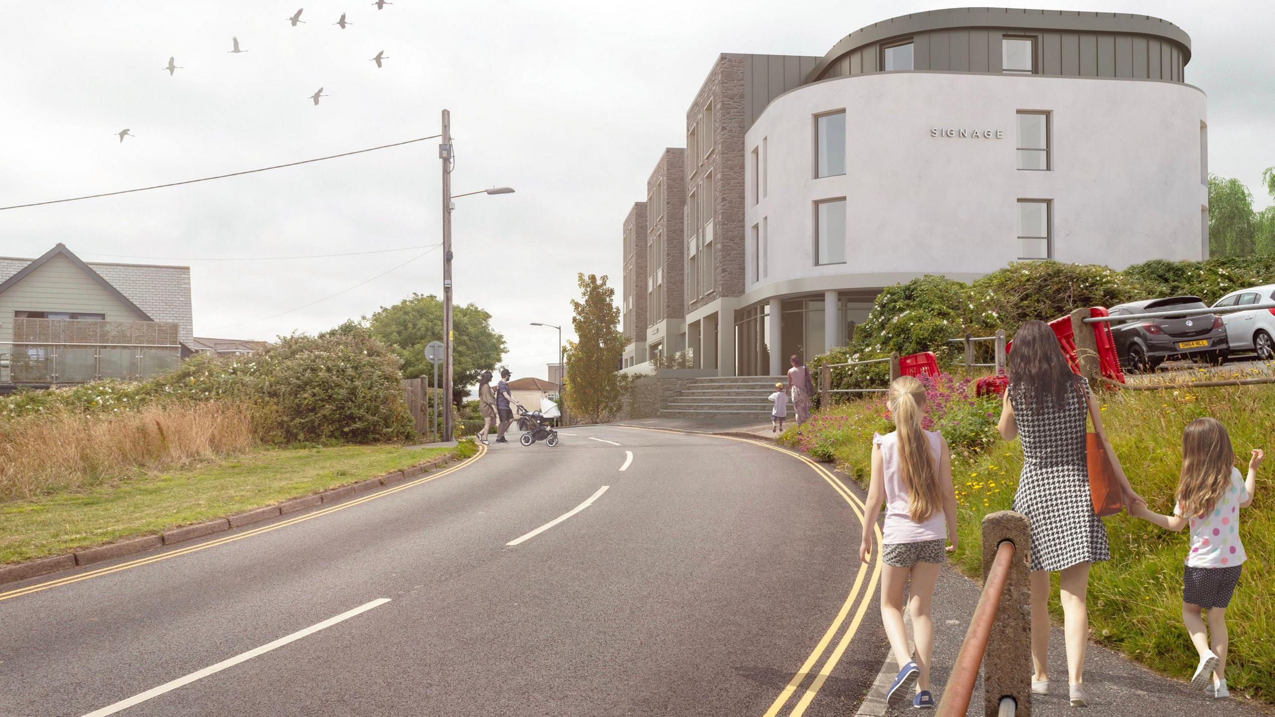 An architect's drawing of the proposed hotel on the right hand side of a road. It looks like three sections of four-storey buildings plus one which has a curved white front. There are three pedestrians sketched in the foreground and a person pushing a stroller across the road.