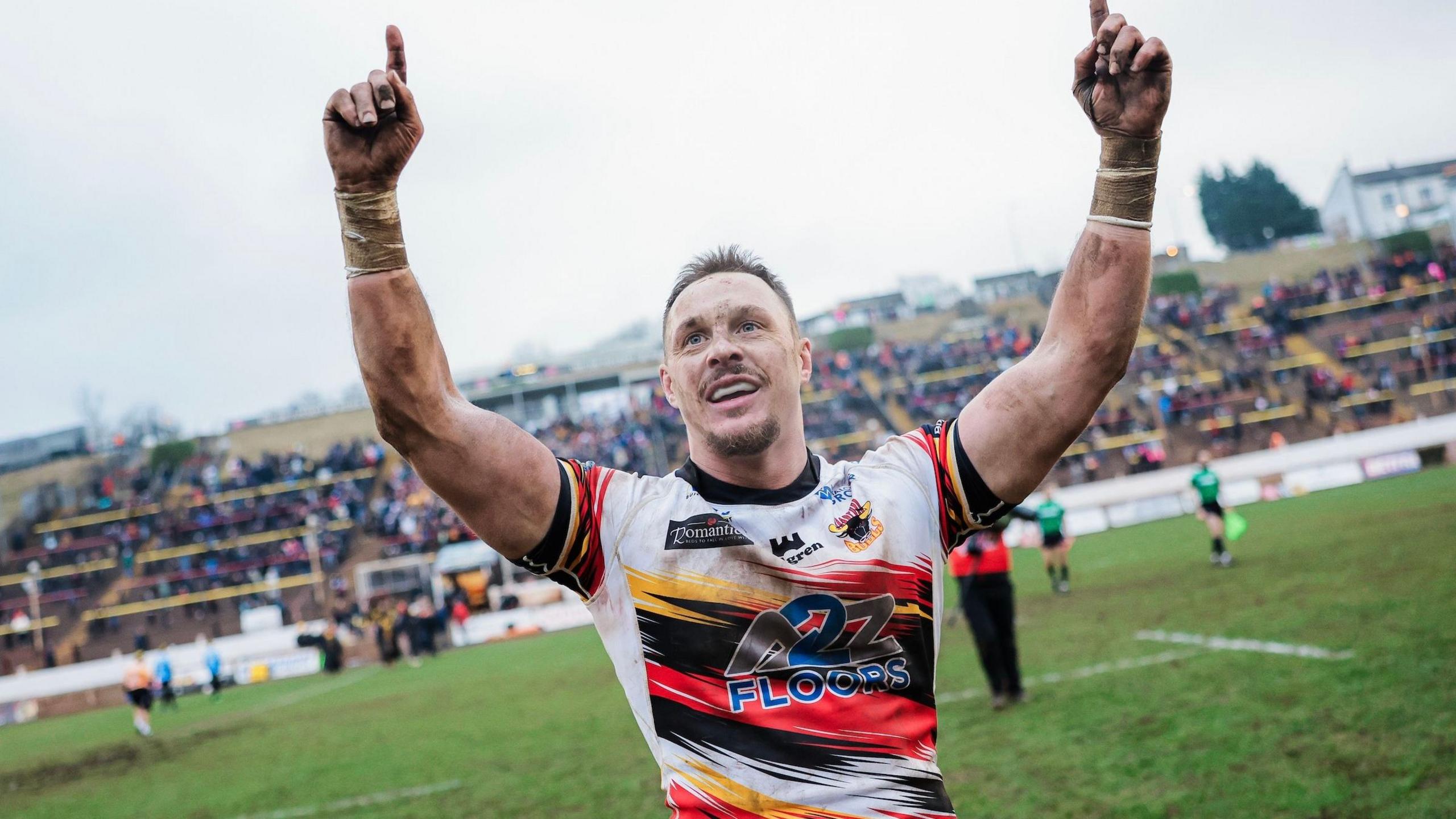 Jamie Donaldson of Bradford Bulls points both fingers into the air in celebration