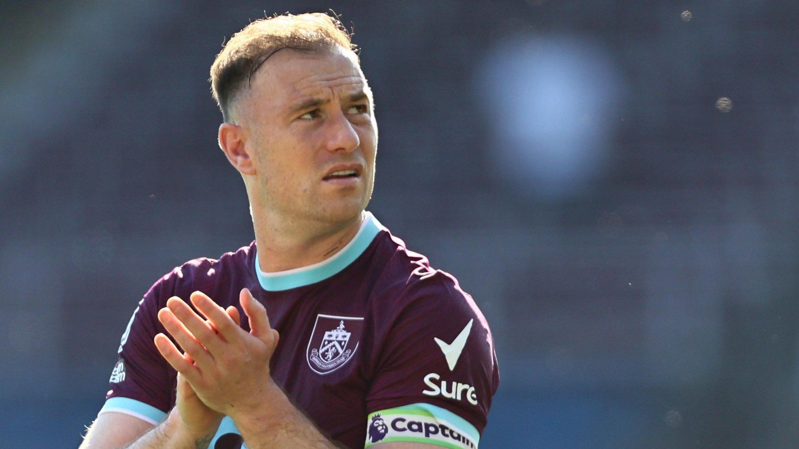 Ashley Barnes claps the Burnley fans after their final game of the 2025-26 season against Wolves